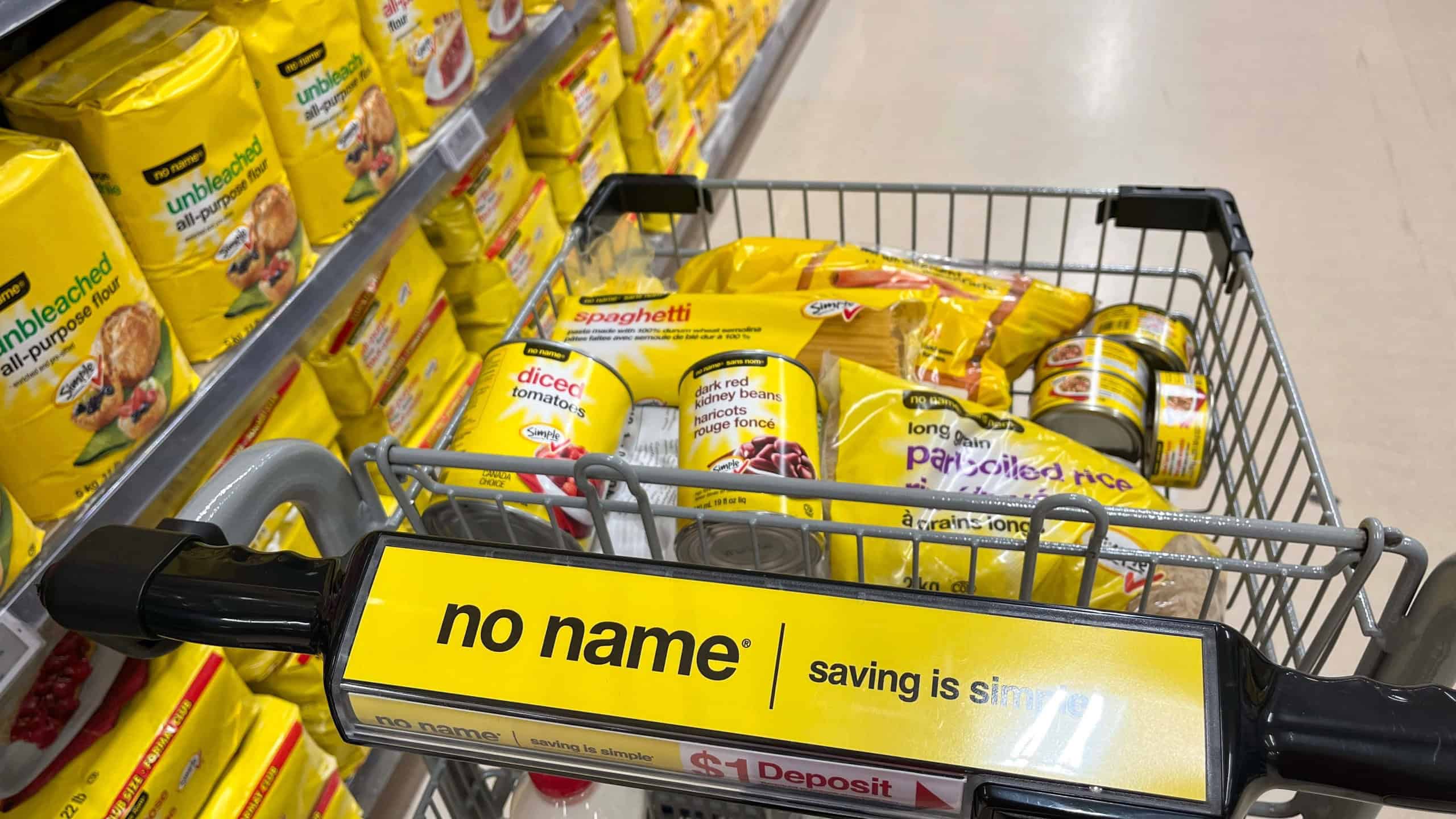 No Name brand products in a shopping cart at Real Canadian Superstore in Newmarket Ontario Canada on March 24 2025