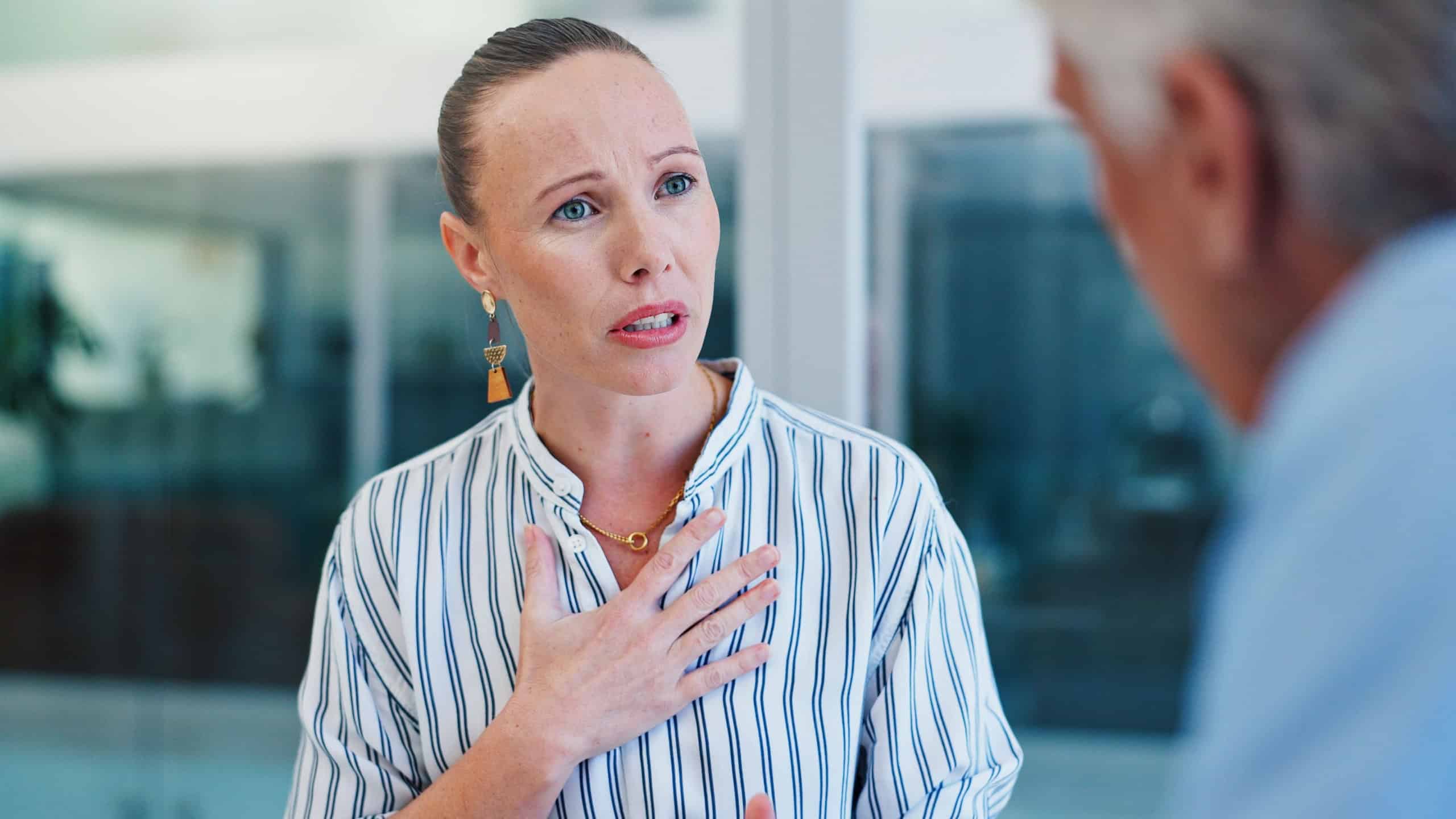 Office, hr and talking to employee, serious and shocked by complaint in meeting, chat and asking for help. Business, people and senior worker with concern for age discrimination and conversation