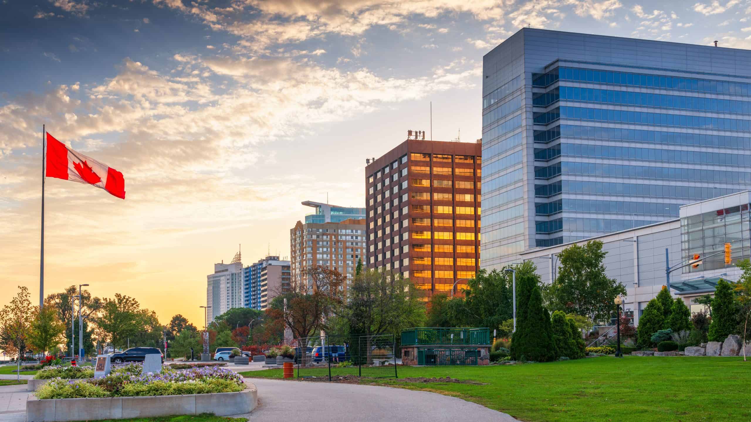 Windsor, Ontario, Canada skyline on the Detroit River at dawn.