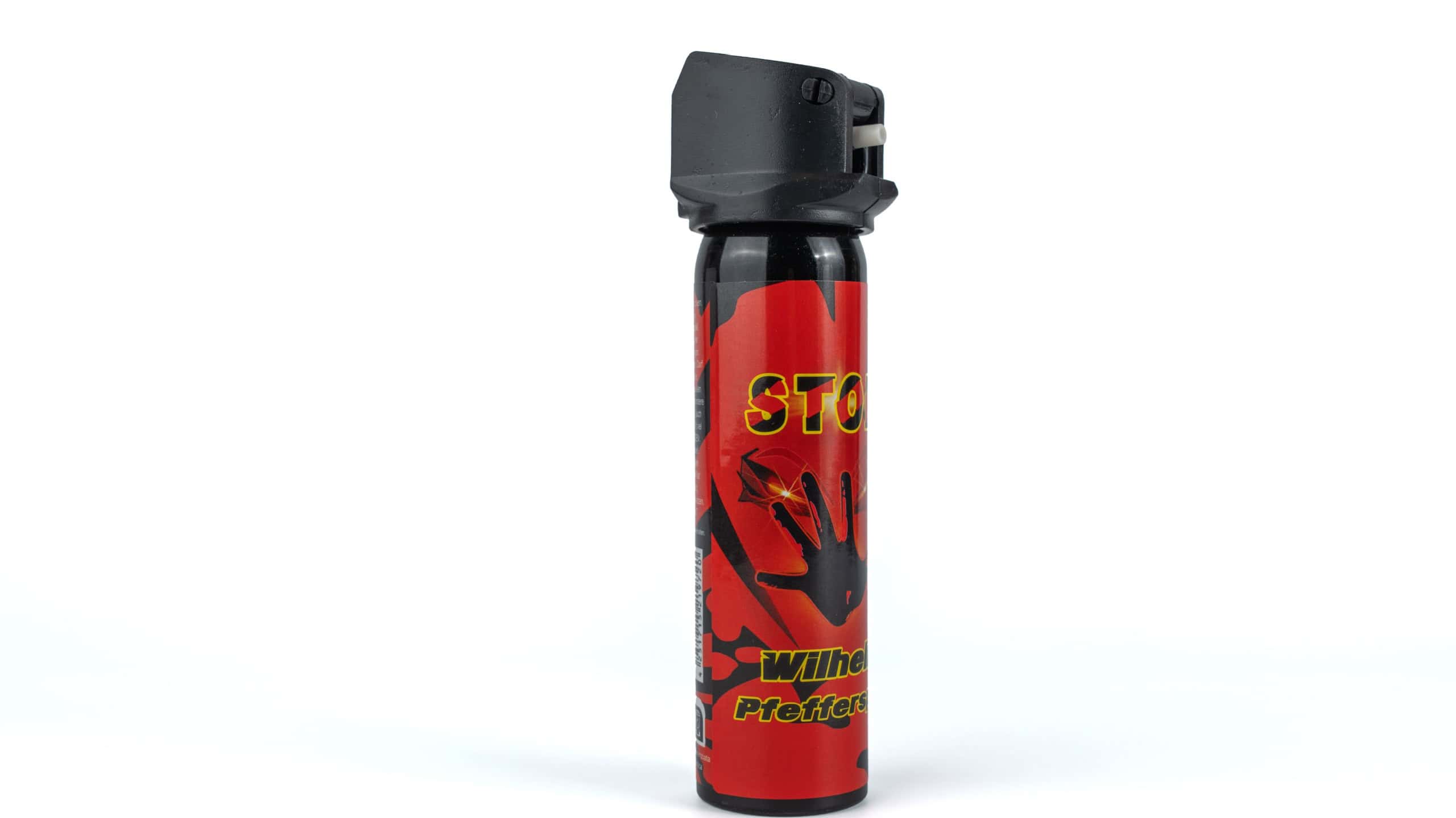 Germany Berlin January 10, 2026. Pepper spray angled view. Angled view of a pepper spray canister isolated on white background. Concept of self-protection, safety awareness, and personal defense gear.