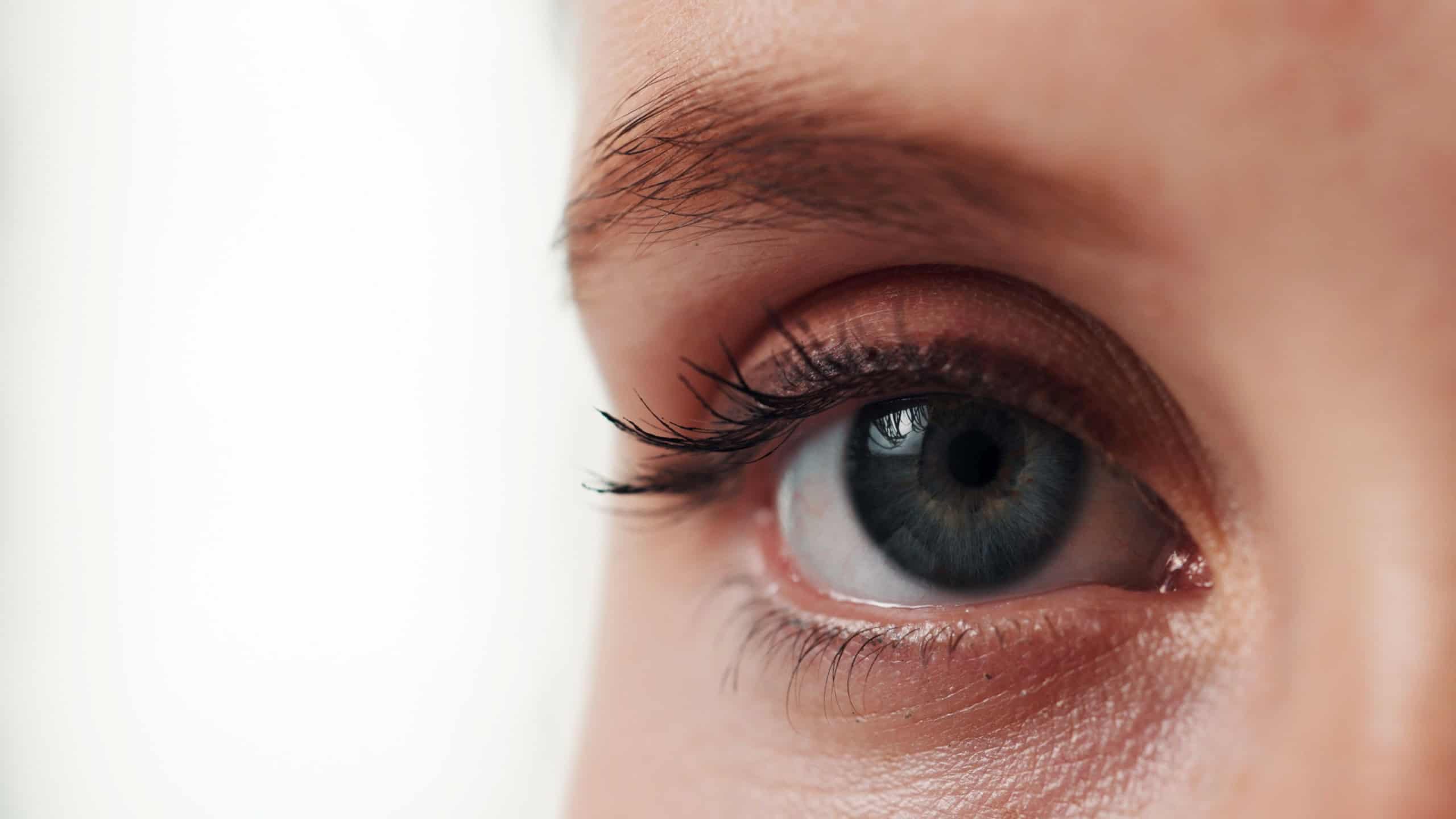 Portrait, woman and vision with eye in studio for eyesight, visual perspective and insight. Closeup, person and retinal focus with contact lens for perception, clear sight and peripheral awareness