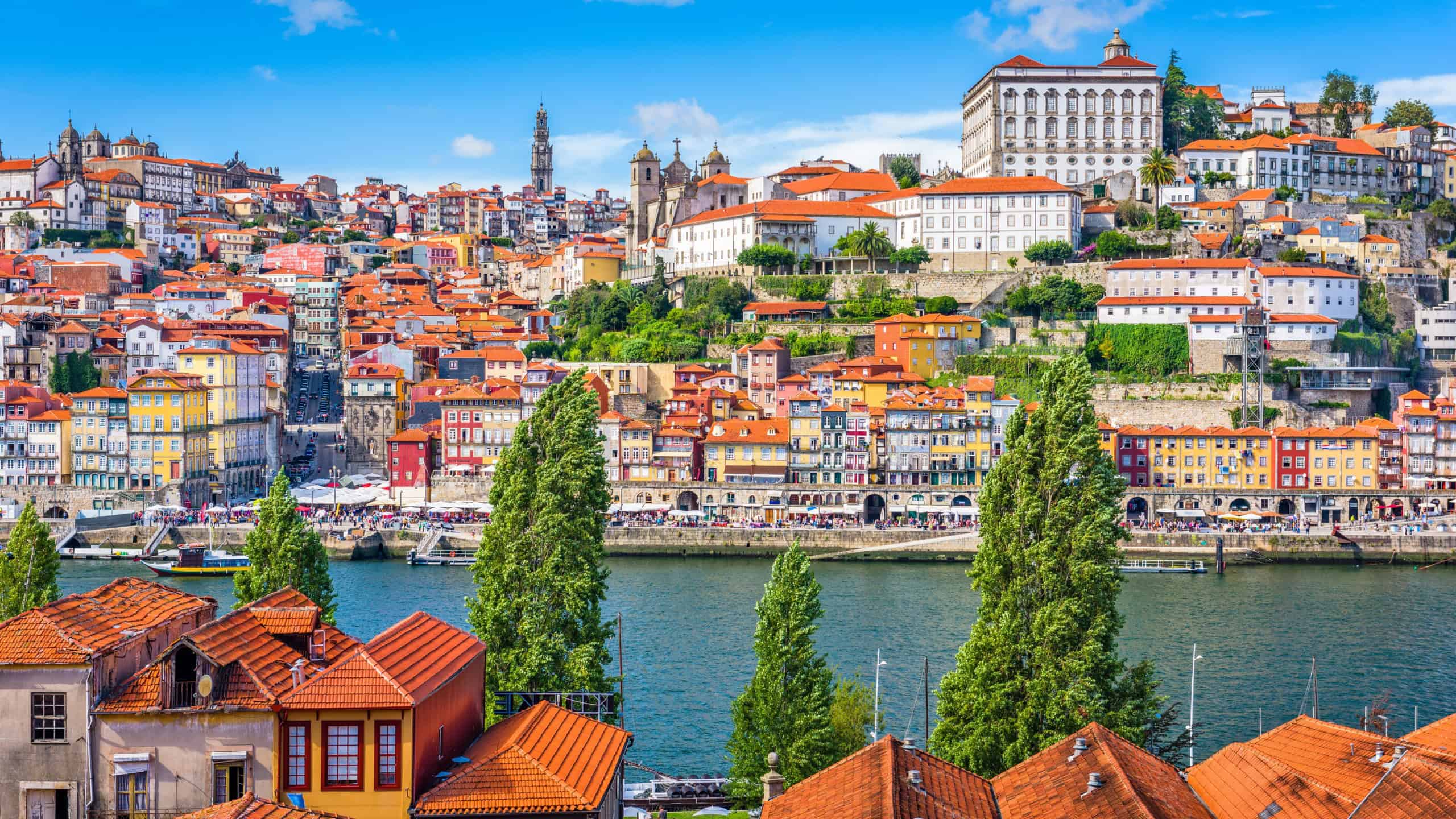 Porto, Portugal old town skyline from across the Douro River.
