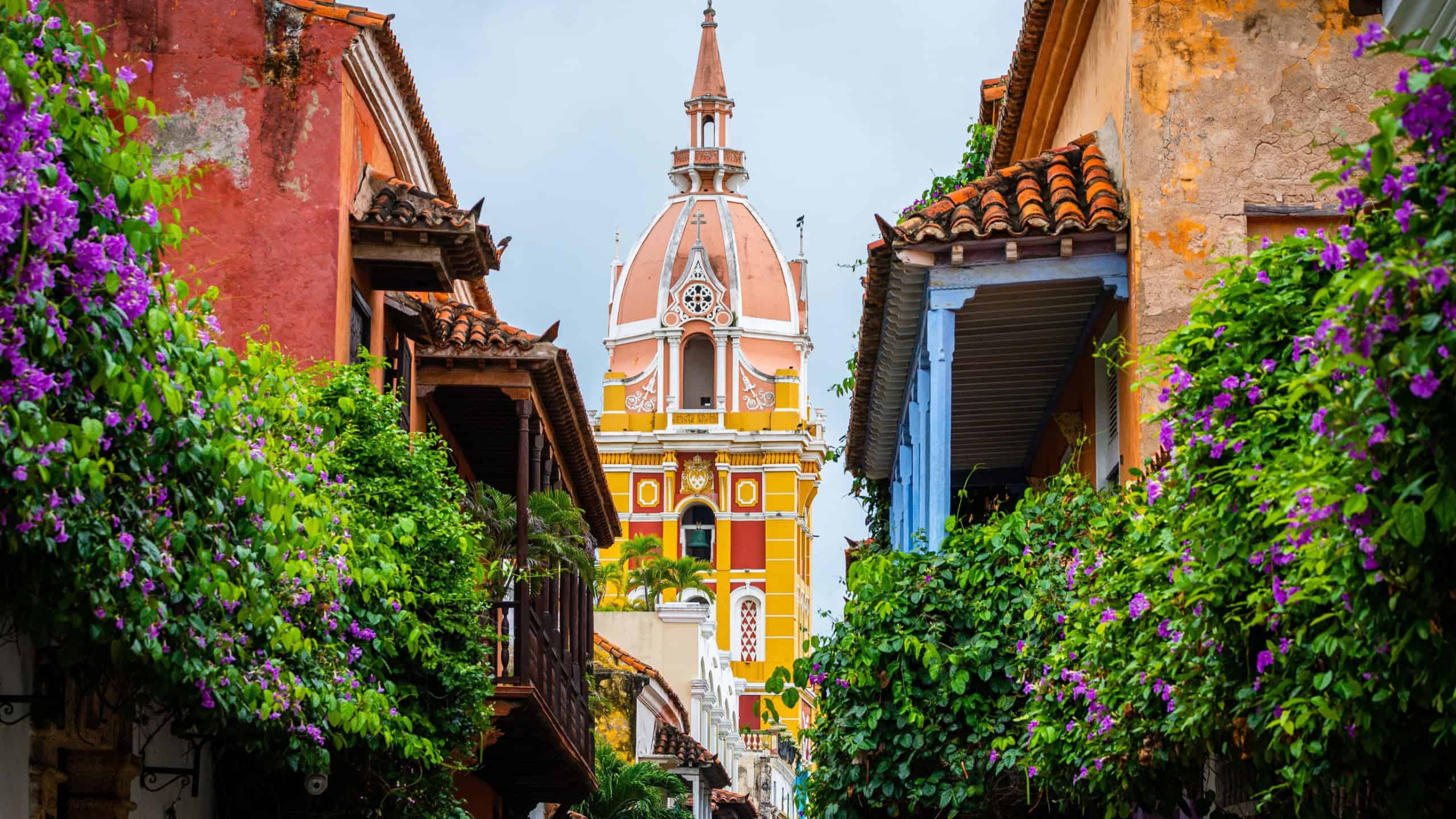 Colorful street of cartagena de indias old town, colombia