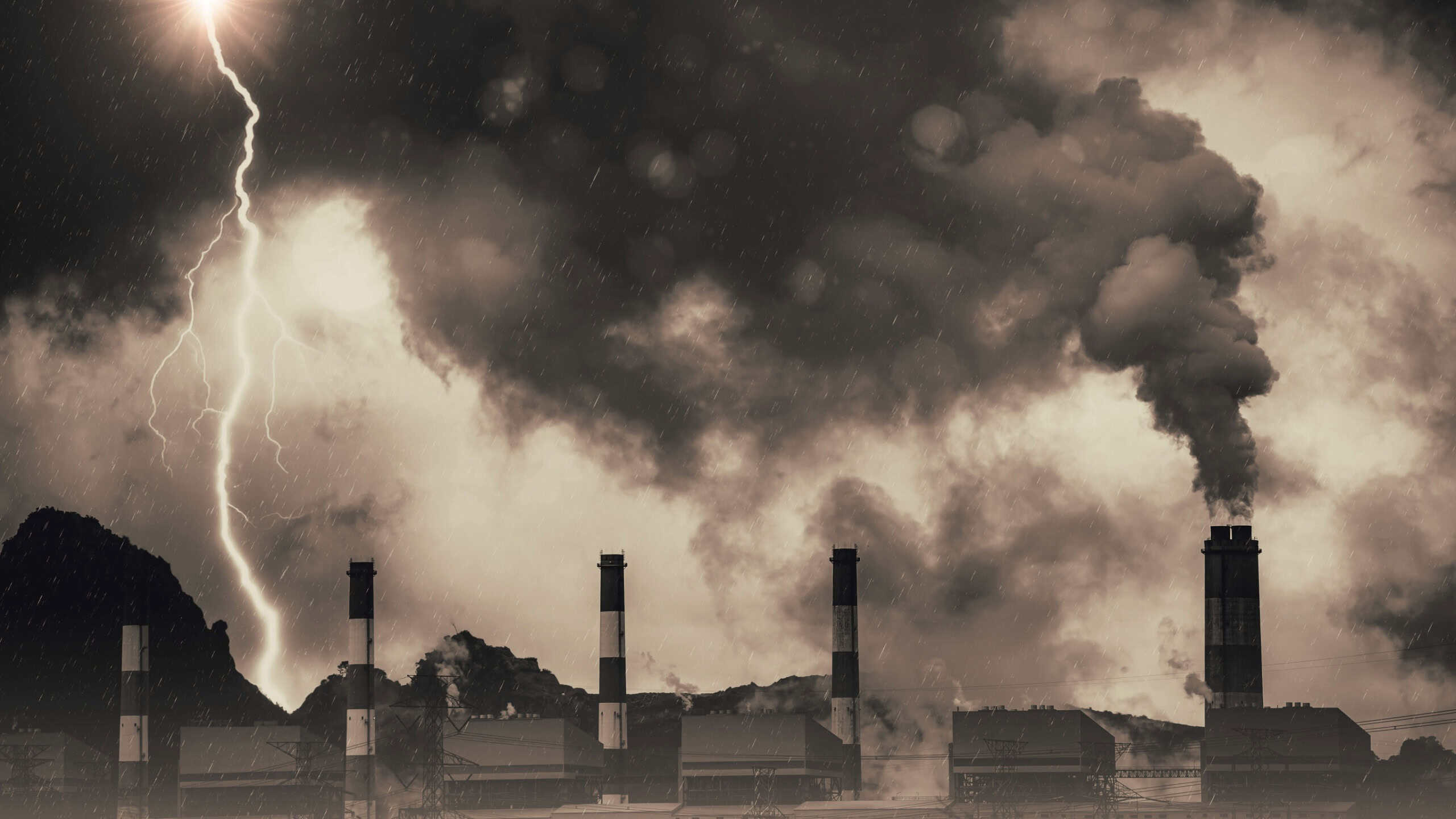 Industry chimney release dirty smoke carbon monoxide air pollution acid rain to lanina global warming effect