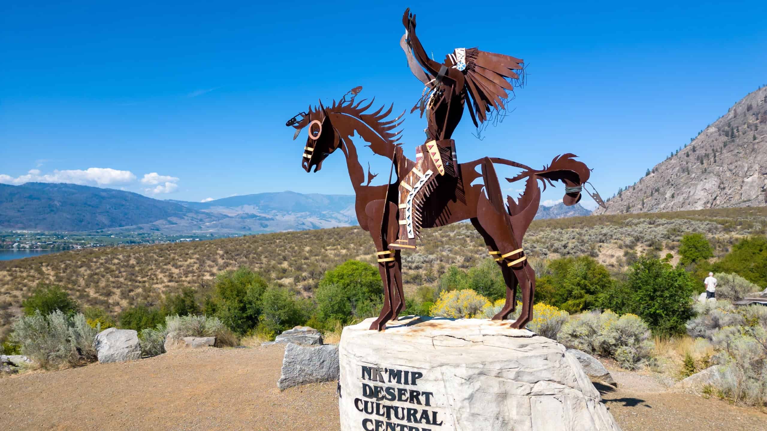 Osoyoos, British Columbia, Canada - September 7, 2023: The Chief Sculpture at Nk'Mip Desert Culture Centre is an interpretive centre in Osoyoos, British Columbia, Canada.