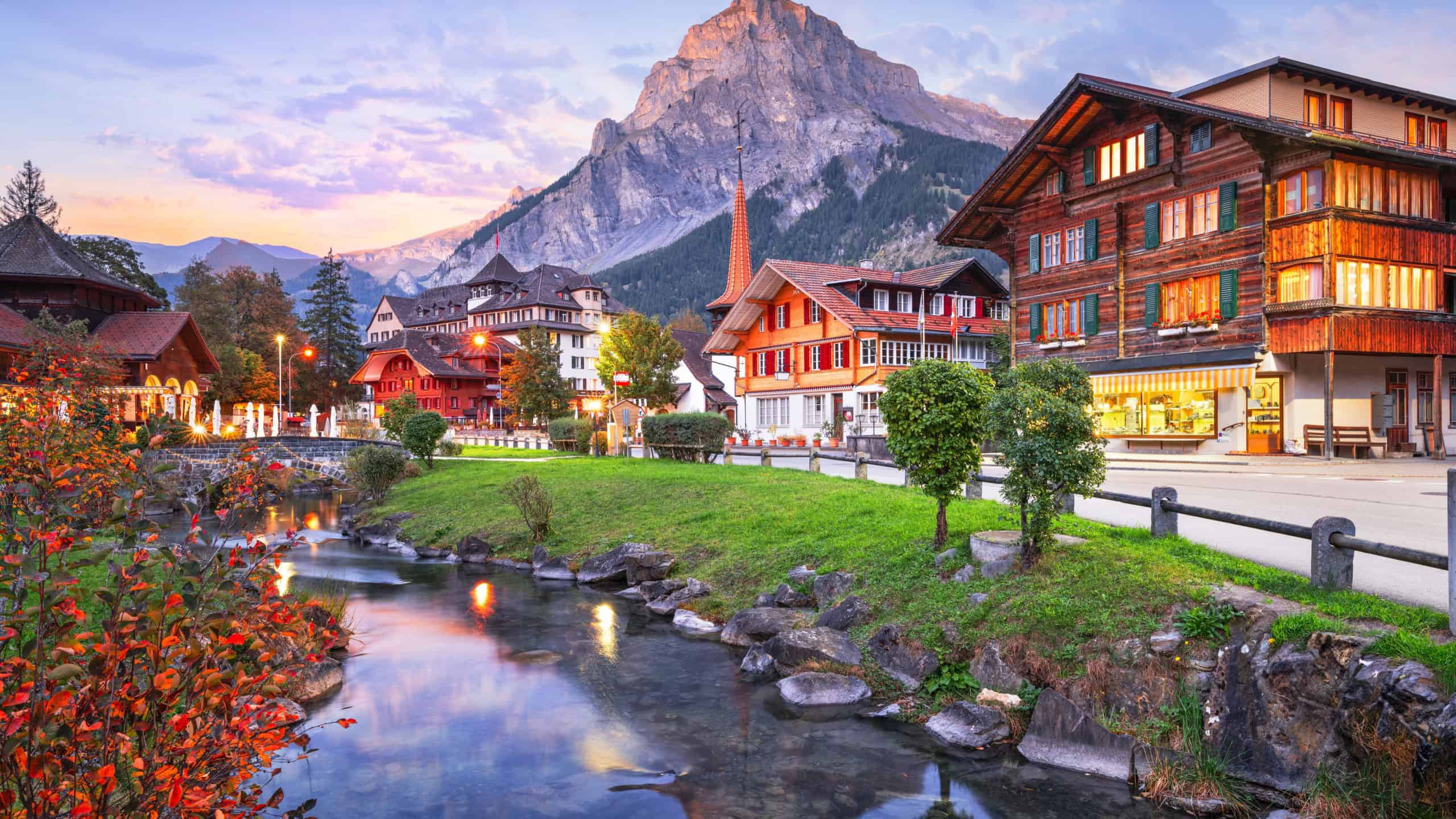 Kandersteg, Switzerland scenic town view at twilight in autumn season.