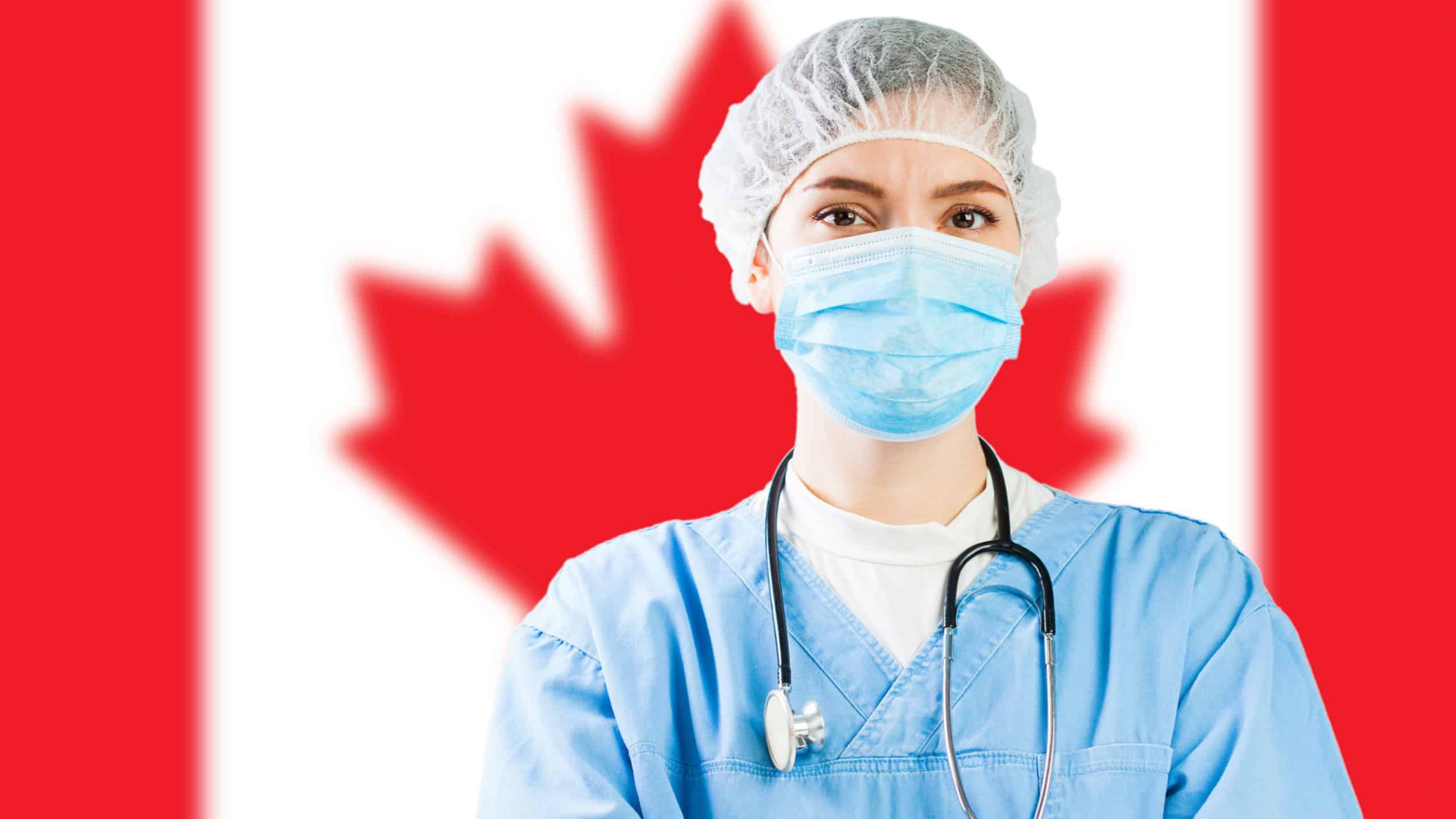 Portrait of caucasian doctor or nurse with Canada flag in background,COVID-19 virus disease crisis,new Coronavirus variant global worldwide pandemic,social distancing isolation and quarantine concept