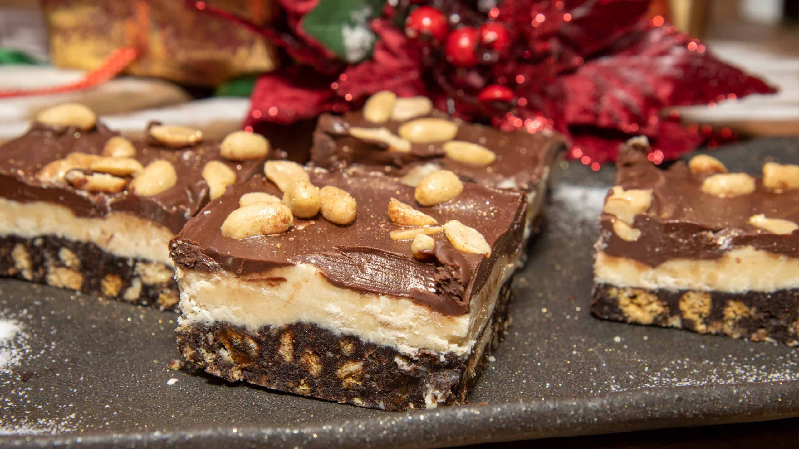A delicious trey of Salted Peanut Nanaimo Bars, tasty festive Christmas treats