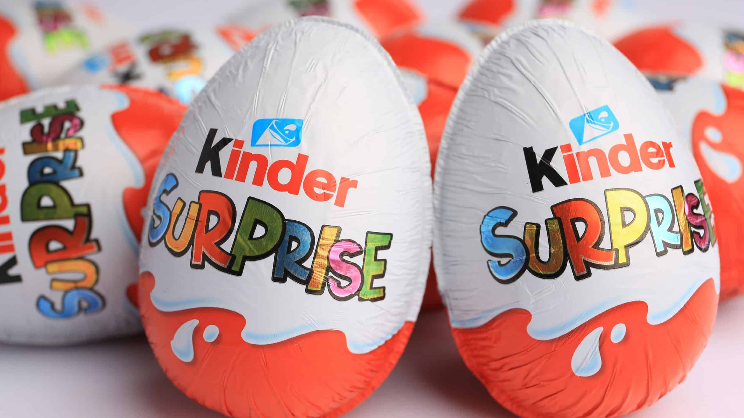 Sveti Vlas, Bulgaria - June 26, 2023: Kinder Surprise Eggs on white background, closeup