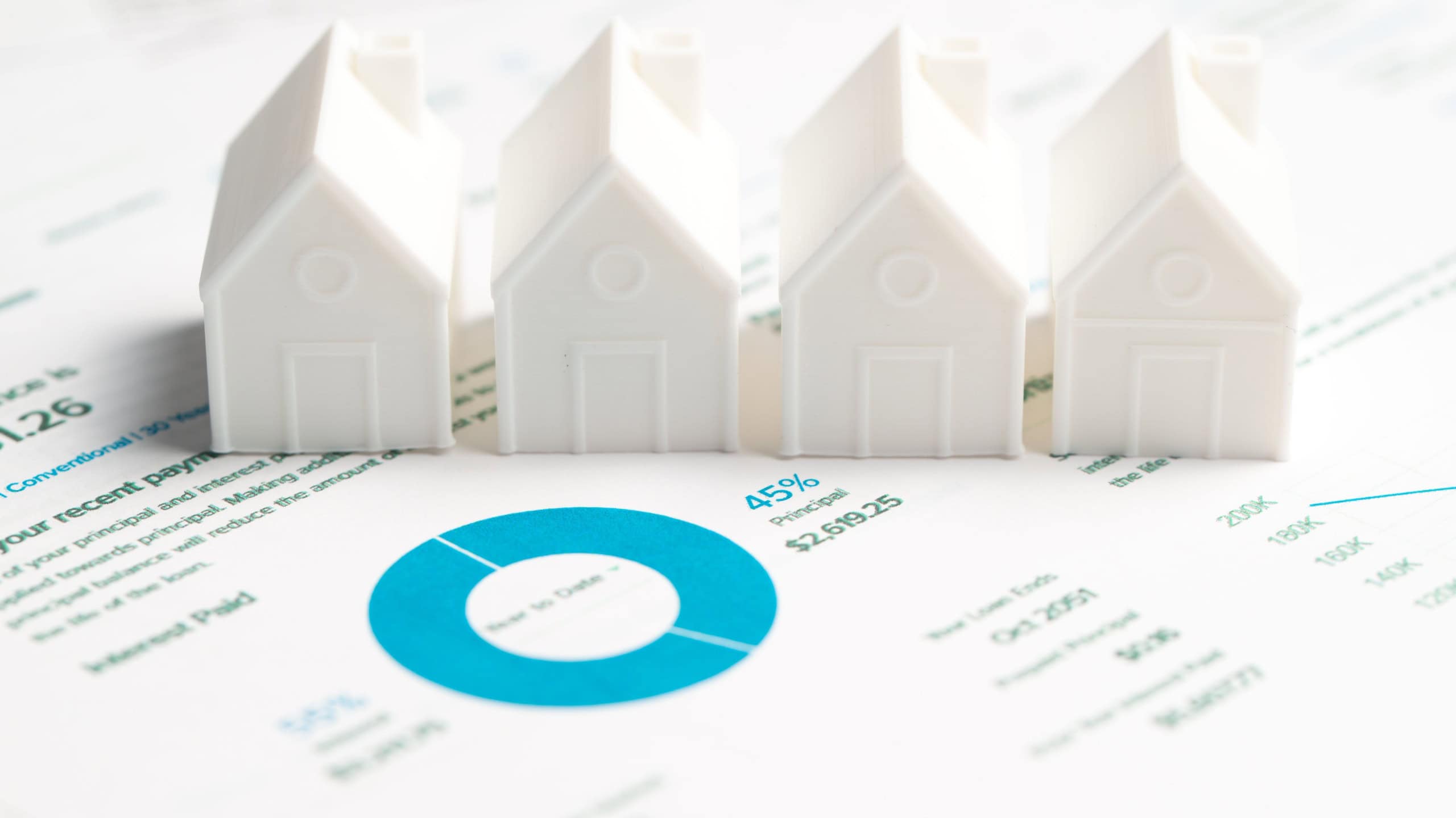 Mortgage loan statement with a white model house. The statement showing principal and interest ratio, represents concepts of homeownership, mortgage payments, and financial planning.