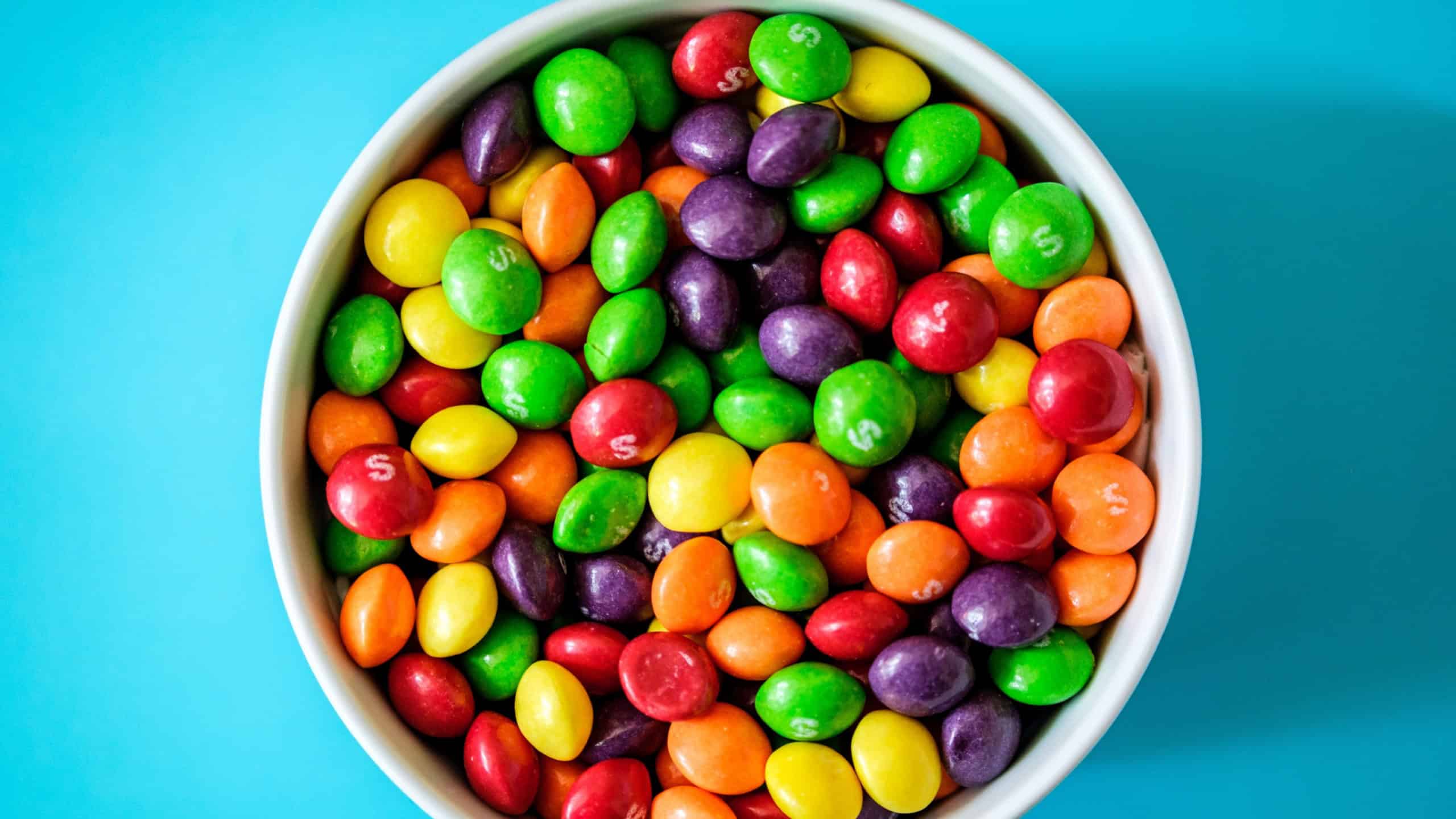 London UK, May 17 2025, Bowl of Fruit Flavoured Skittles Sweets