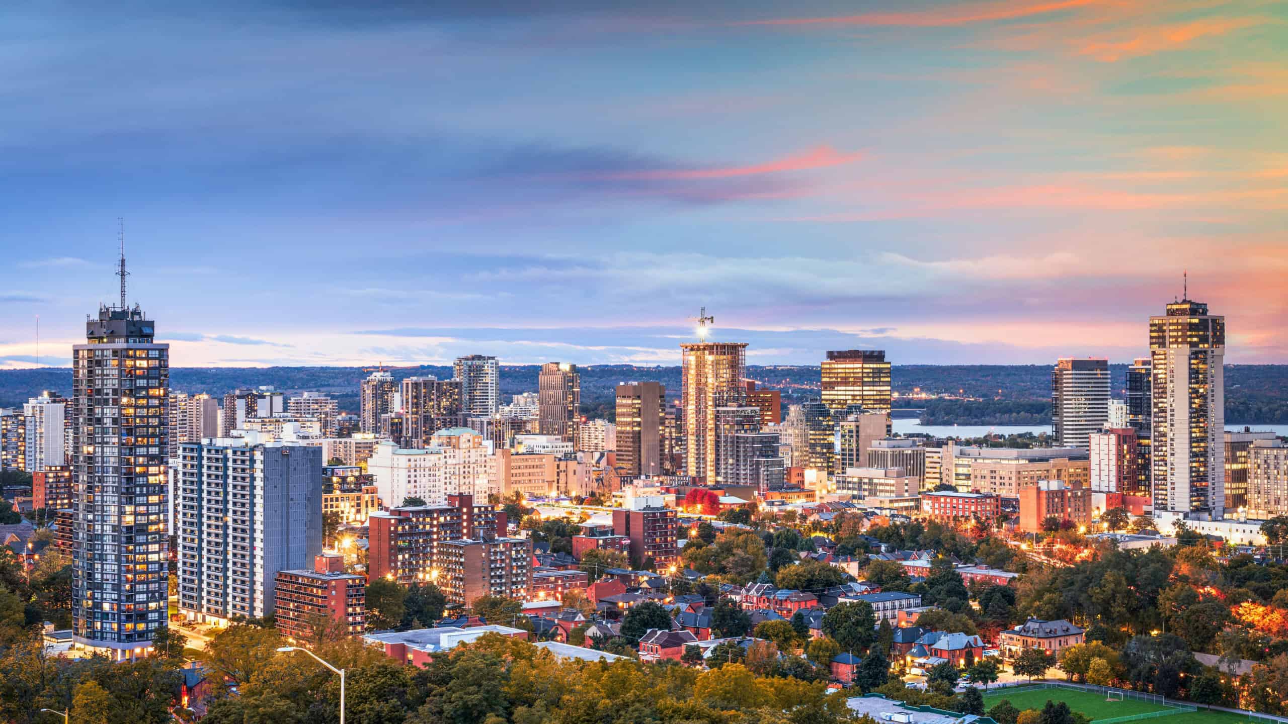 Hamilton, Ontario, Canada downtown city skyline at blue hour.