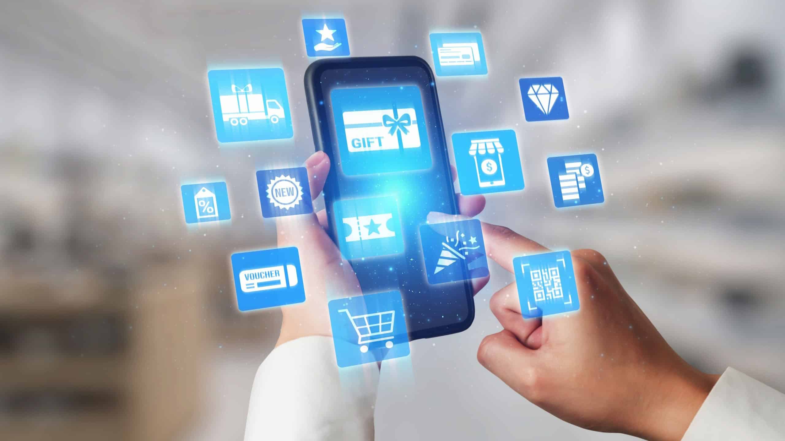 Digital gift card icons show e-commerce, payment, and digital gift card redemption. Digital gift card supports online shopping, secure payment, and customer loyalty programs. Gist