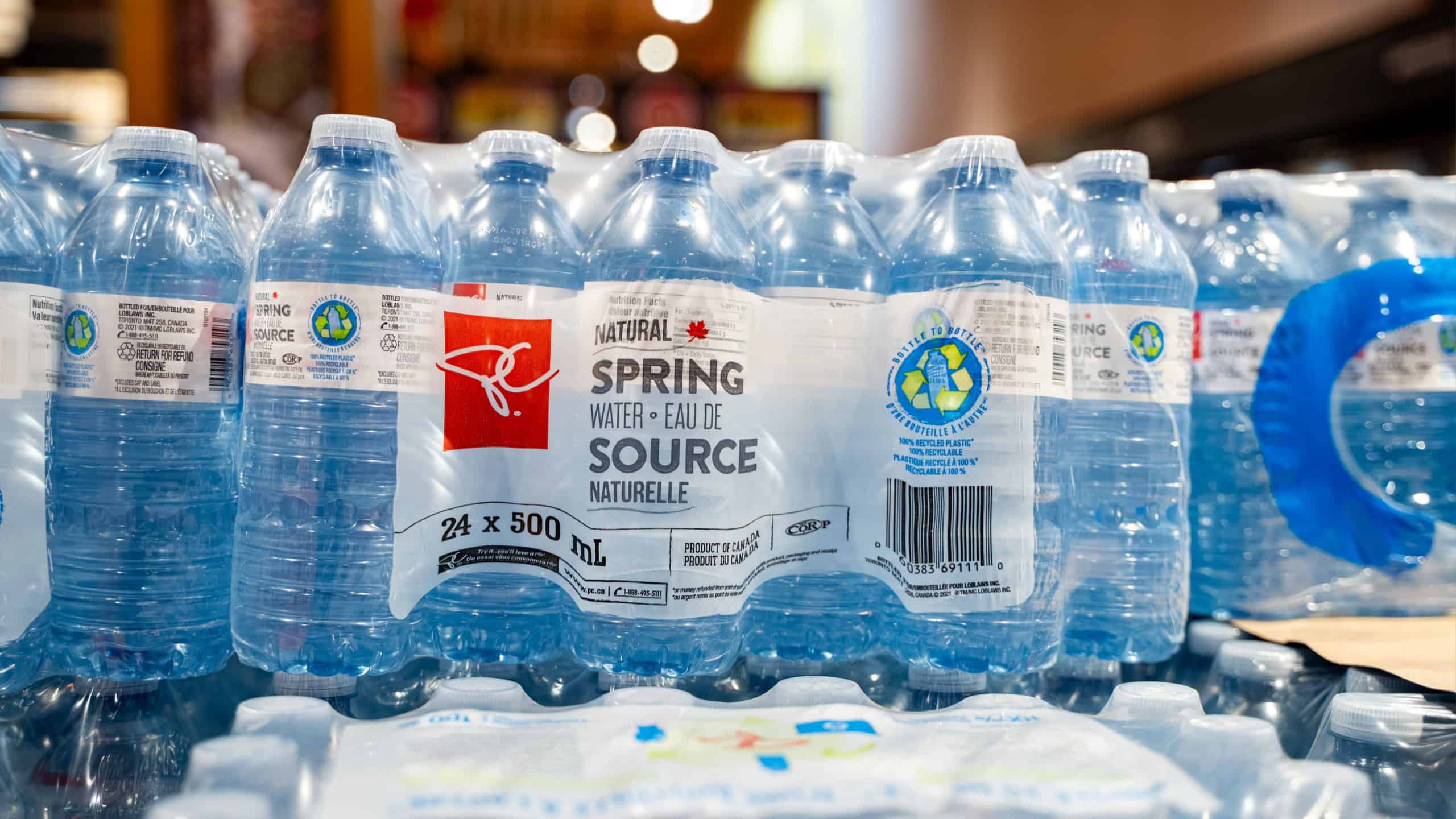 View of Presidents Choice Natural Spring Water 24 pack bottles in supermarket. Toronto, Canada - November 20, 2025.