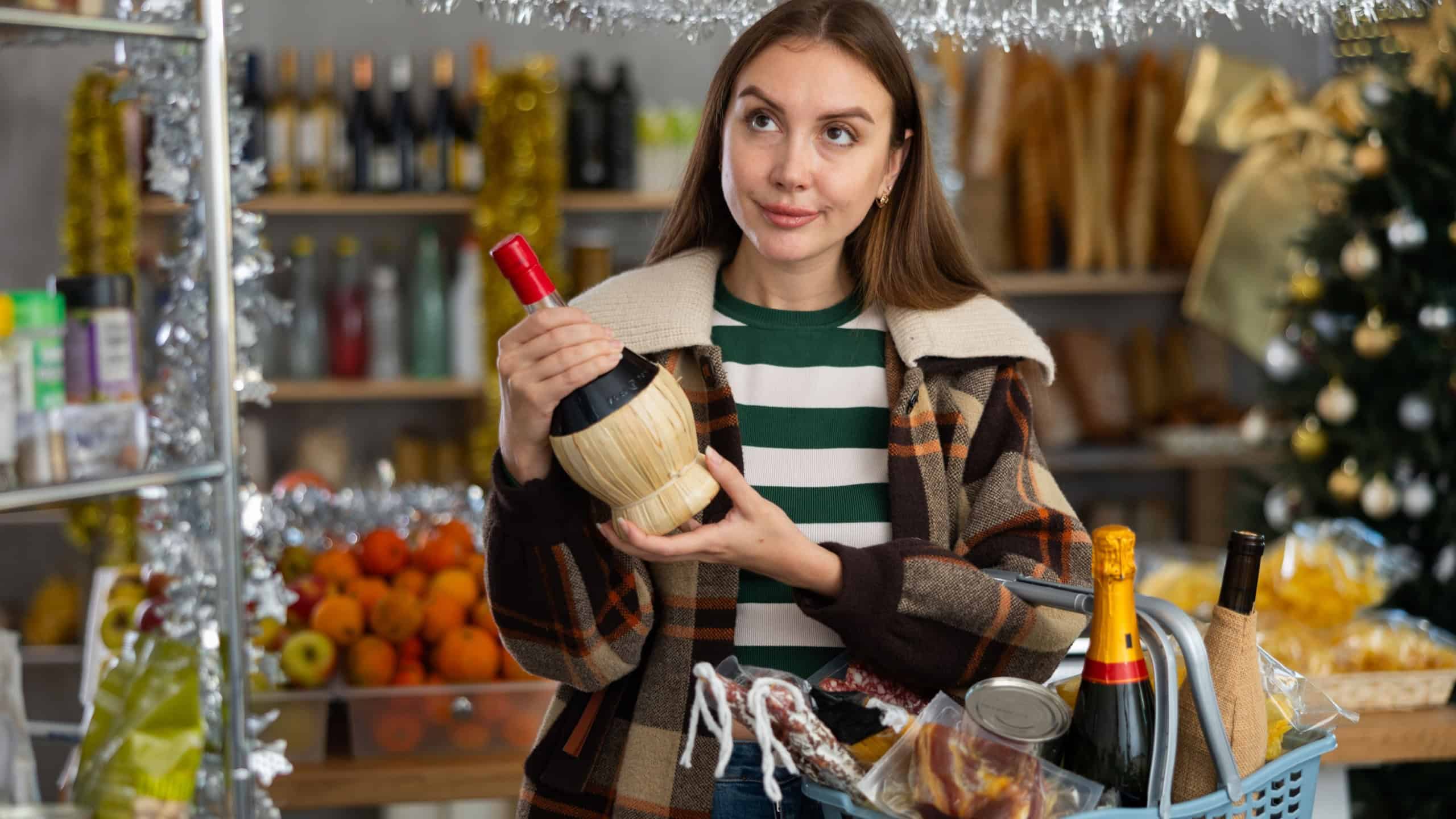 Beautiful attentive young girl buyer with shopping cart or basket choosing wine for christmas table at big grocery