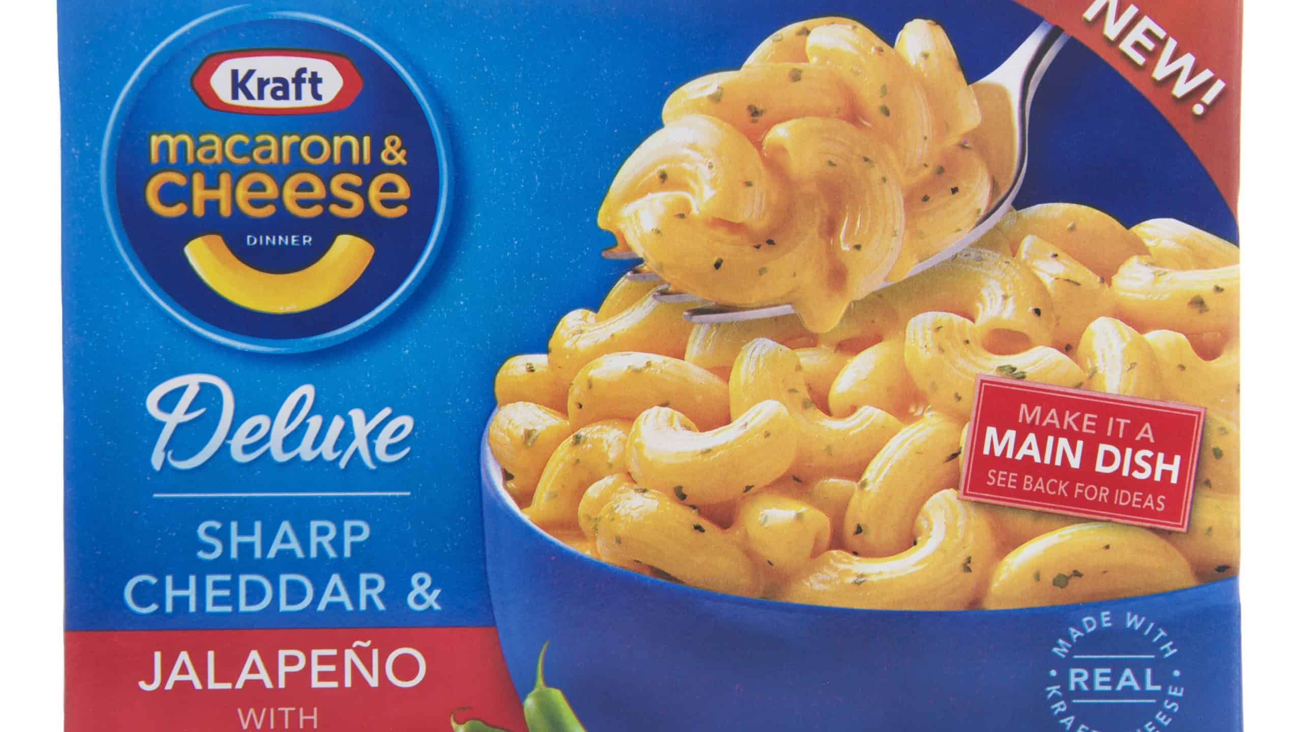 ALAMEDA, CA - JULY 08, 2015: One 11.6 ounce box of Kraft brand Macaroni and Cheese. Deluxe Sharp Cheddar and Jalapeno with ridged macaroni.
