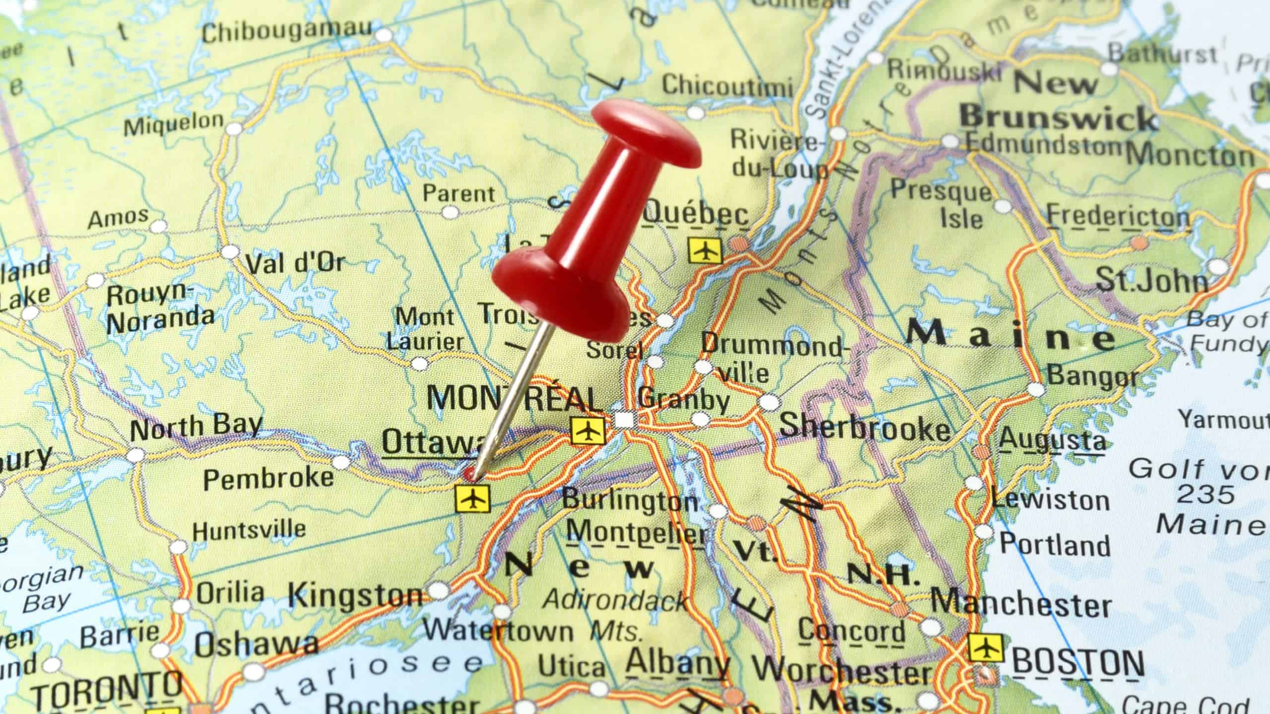 Map of Canada with pin set on Ottawa