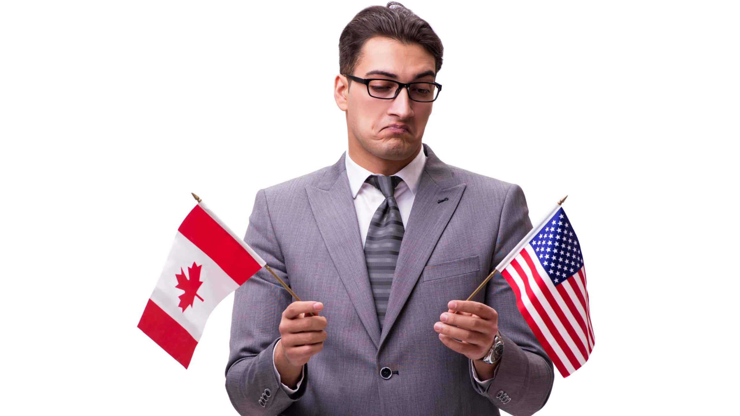 Young businessman with flag isolated on white