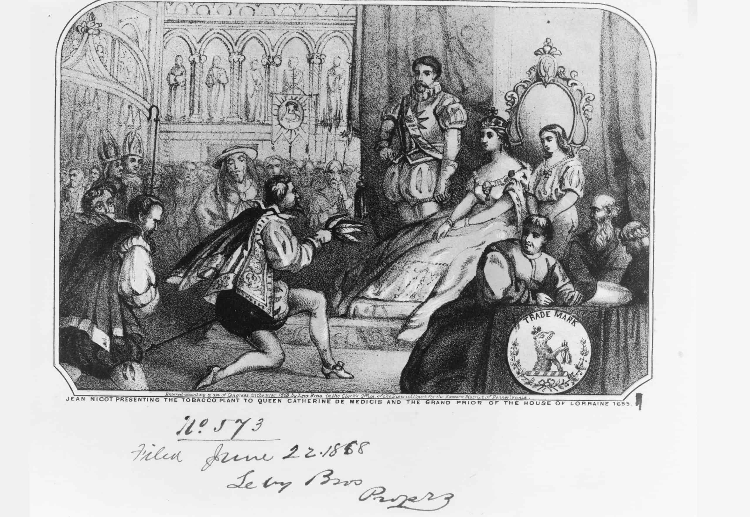 Jean Nicot presenting the tobacco plant to Queen Catherine de Medicis and the Grand Prior of the House of Lorraine 1655 (i.e., 1561) LCCN96505790