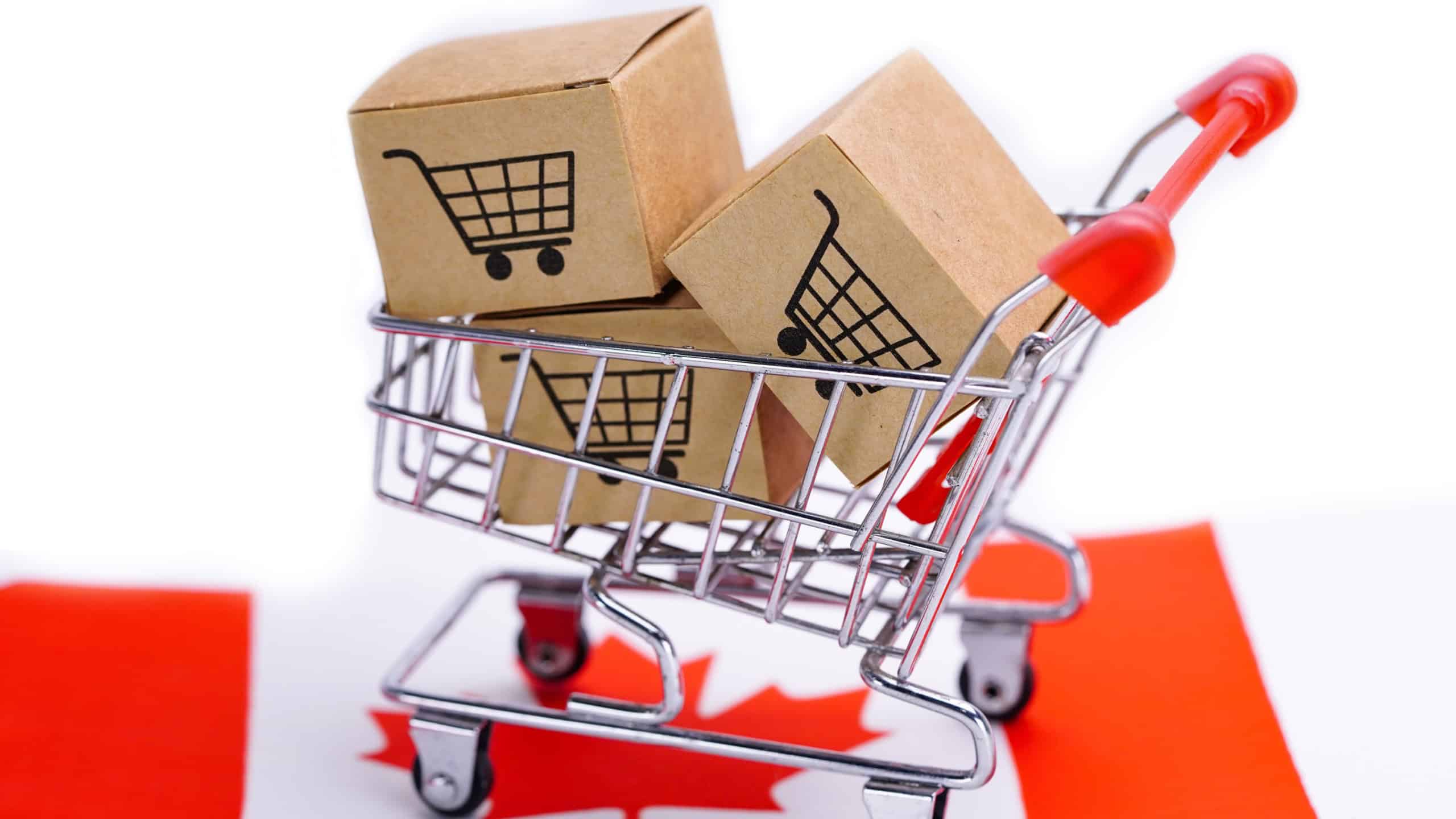 Box with shopping cart logo and The Canada flag : Import Export Shopping online or eCommerce delivery service store product shipping, trade, supplier concept.