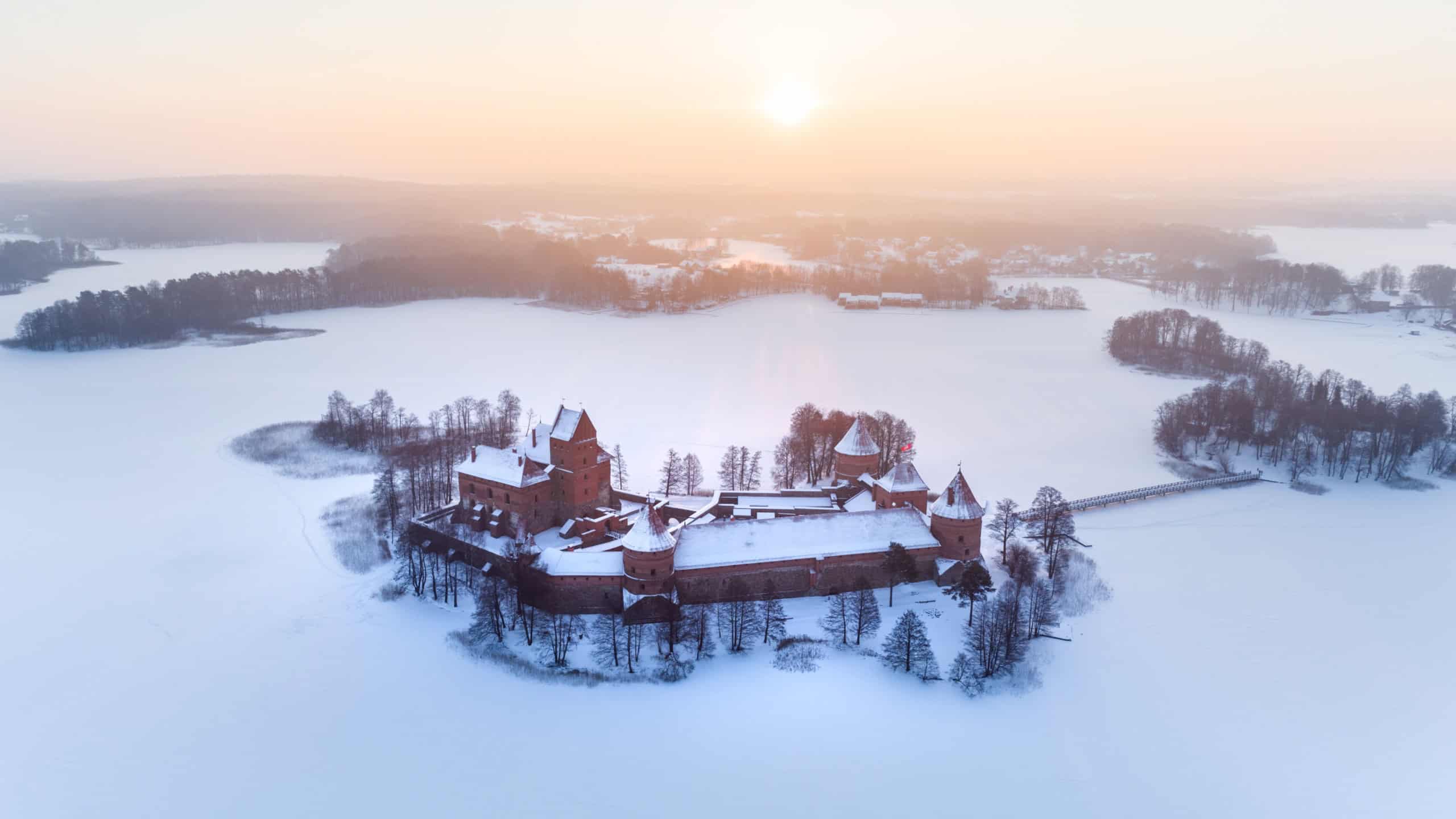Famous Trakai Island castle in winter time. Aerial picture