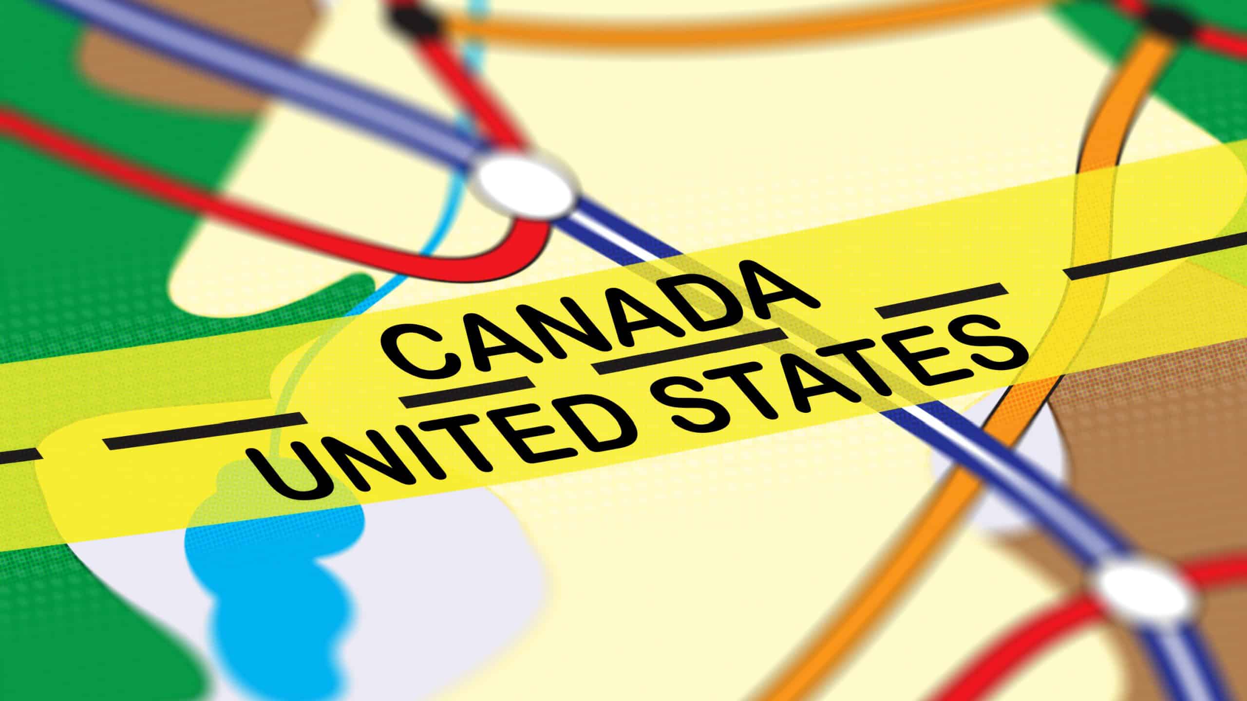 Border between Canada and the USA. Close-up on road map. Target of journey. Symbolic point on map.