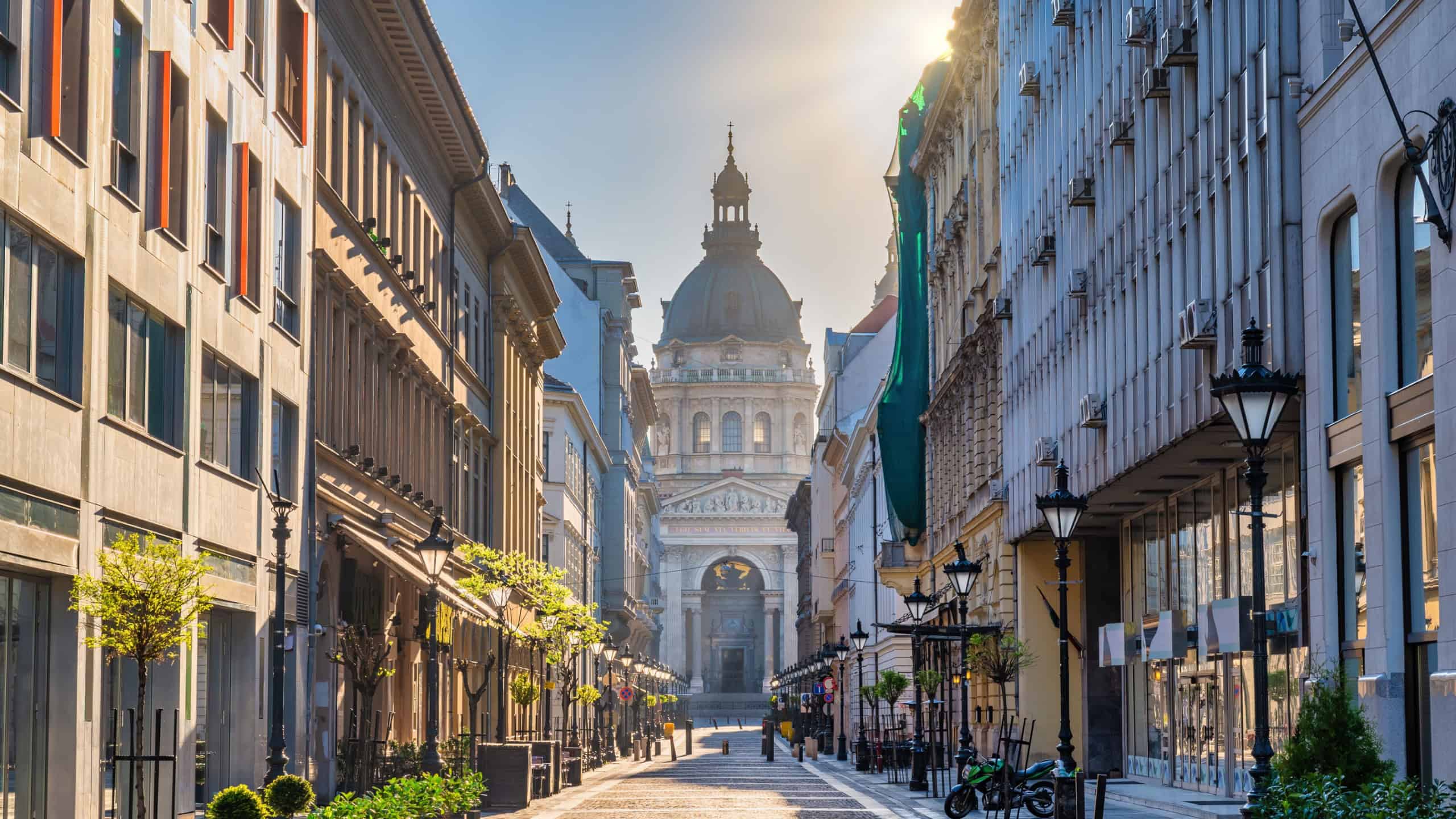 Budapest Hungary, city skyline at Zrinyi Street and St. Stephen's Basilica
