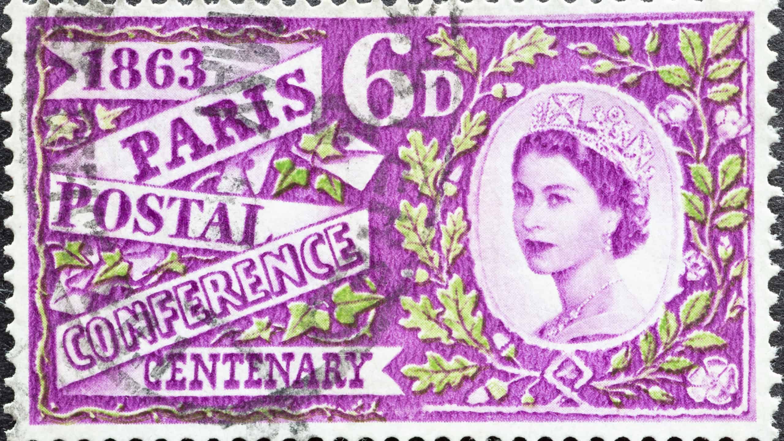United Kingdom - circa 1963: a postage stamp from United Kingdom , showing a portrait of Queen Elizabeth. Text: Paris postal conference. Anniversary 