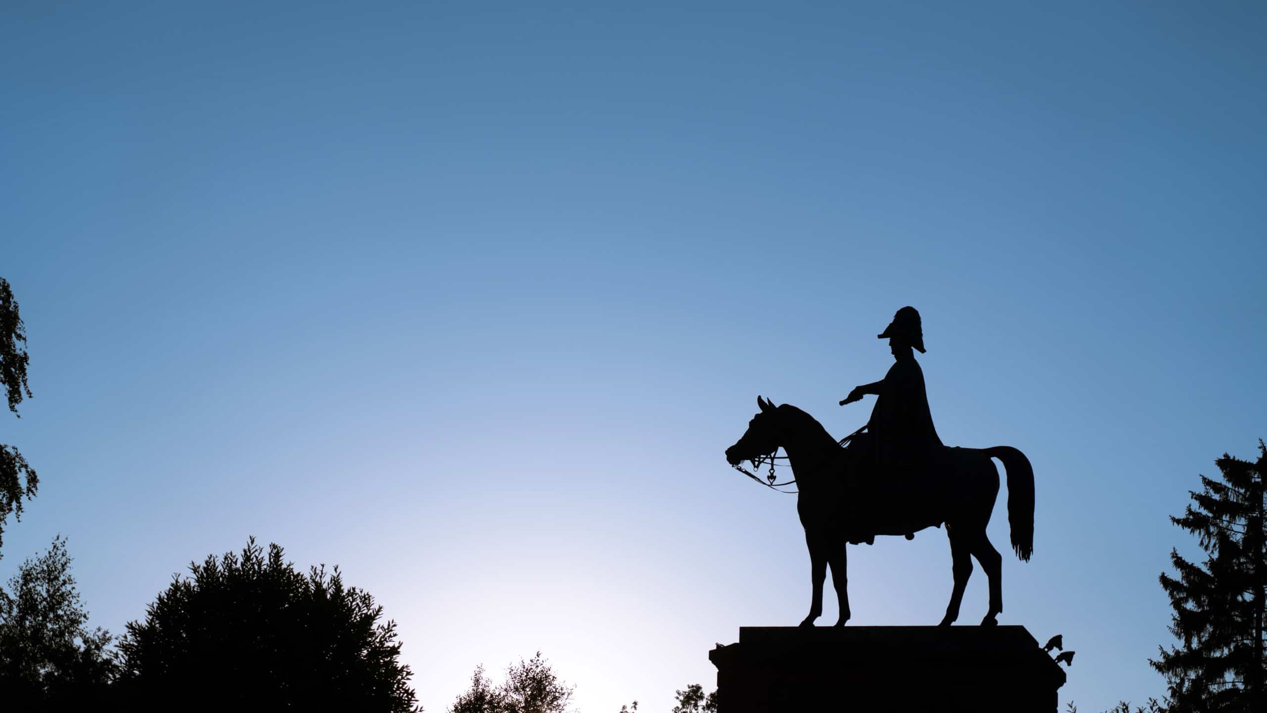 ALDERSHOT, UNITED KINGDOM - Feb 19, 2022: Duke of Wellington Statue shot at twilight as a silhouette