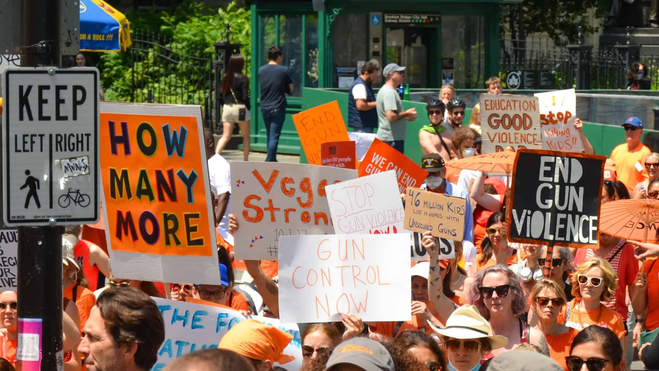 NEW, UNITED STATES - Jun 04, 2022: The New Yorkers protesting at the Brooklyn Bridge to support the survivors and gun violence prevention