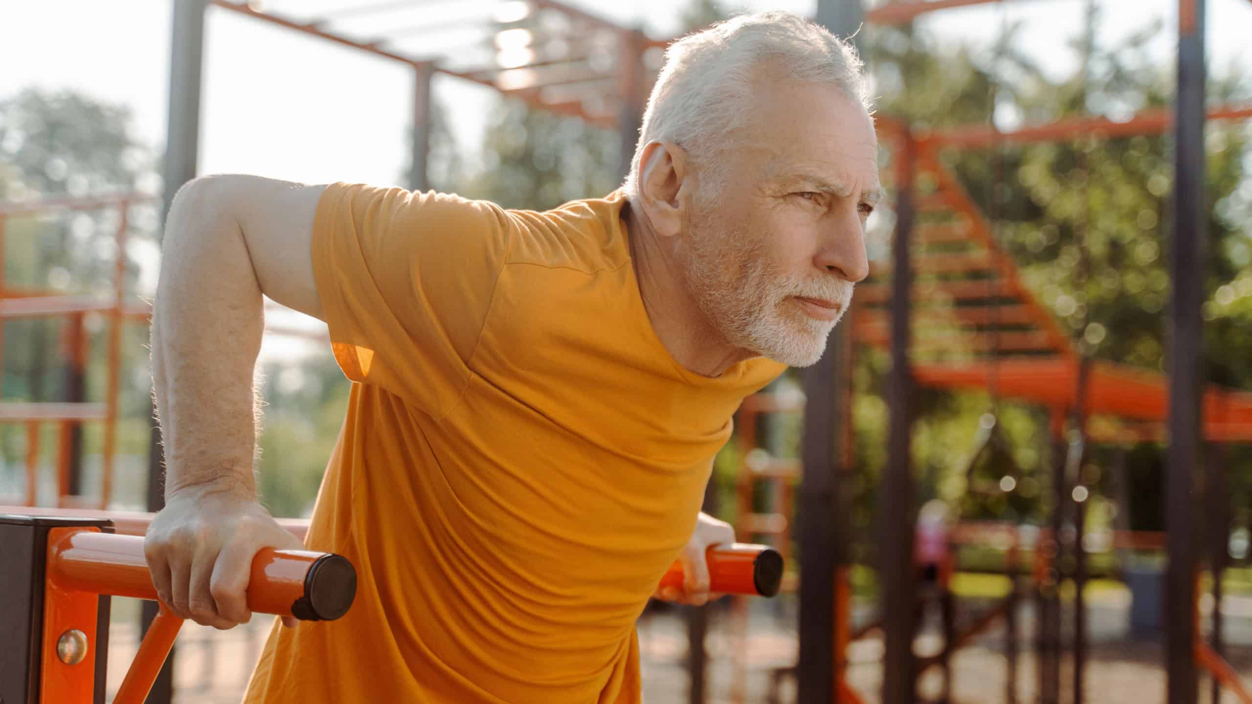 Portrait retired senior fitness man doing push ups exercise on crossbar on summer sportsground. Handsome Caucasian gray haired retired male athlete exercising, engaged in bodyweight training outdoors