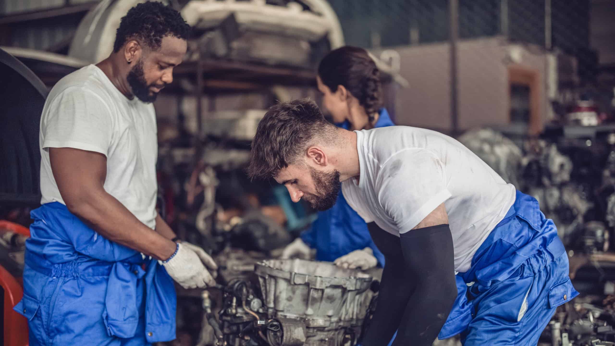 Car service technicians expertly inspect, assess engine parts in storage. Carefully selecting quality gears and instruments for precise repairs, modify, assembly. Assuring optimal vehicle performance