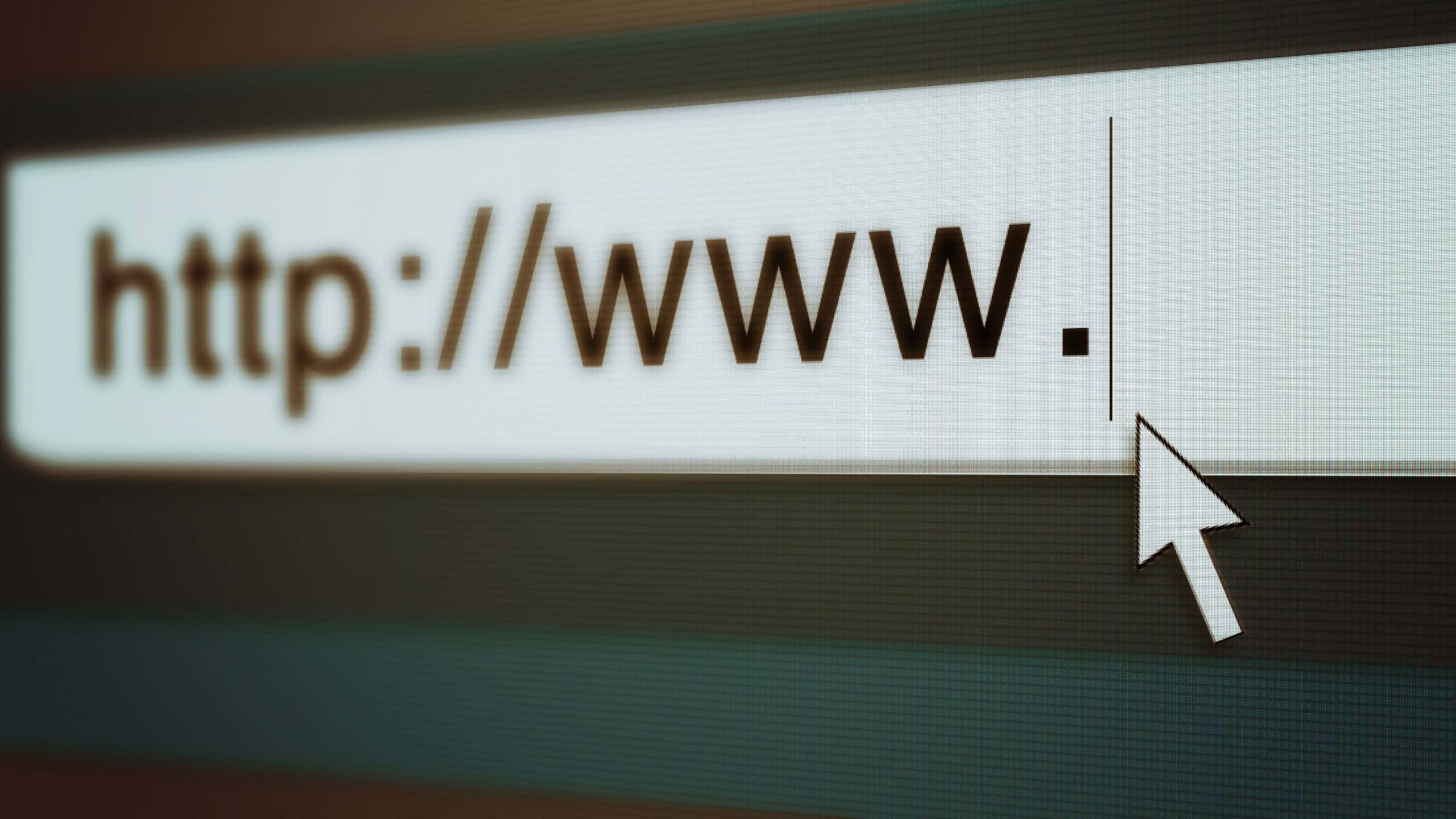 Web, cursor and url of search bar on computer screen for information, worldwide surfing and server. Homepage, html or webpage address for browsing, research download and online portal with closeup