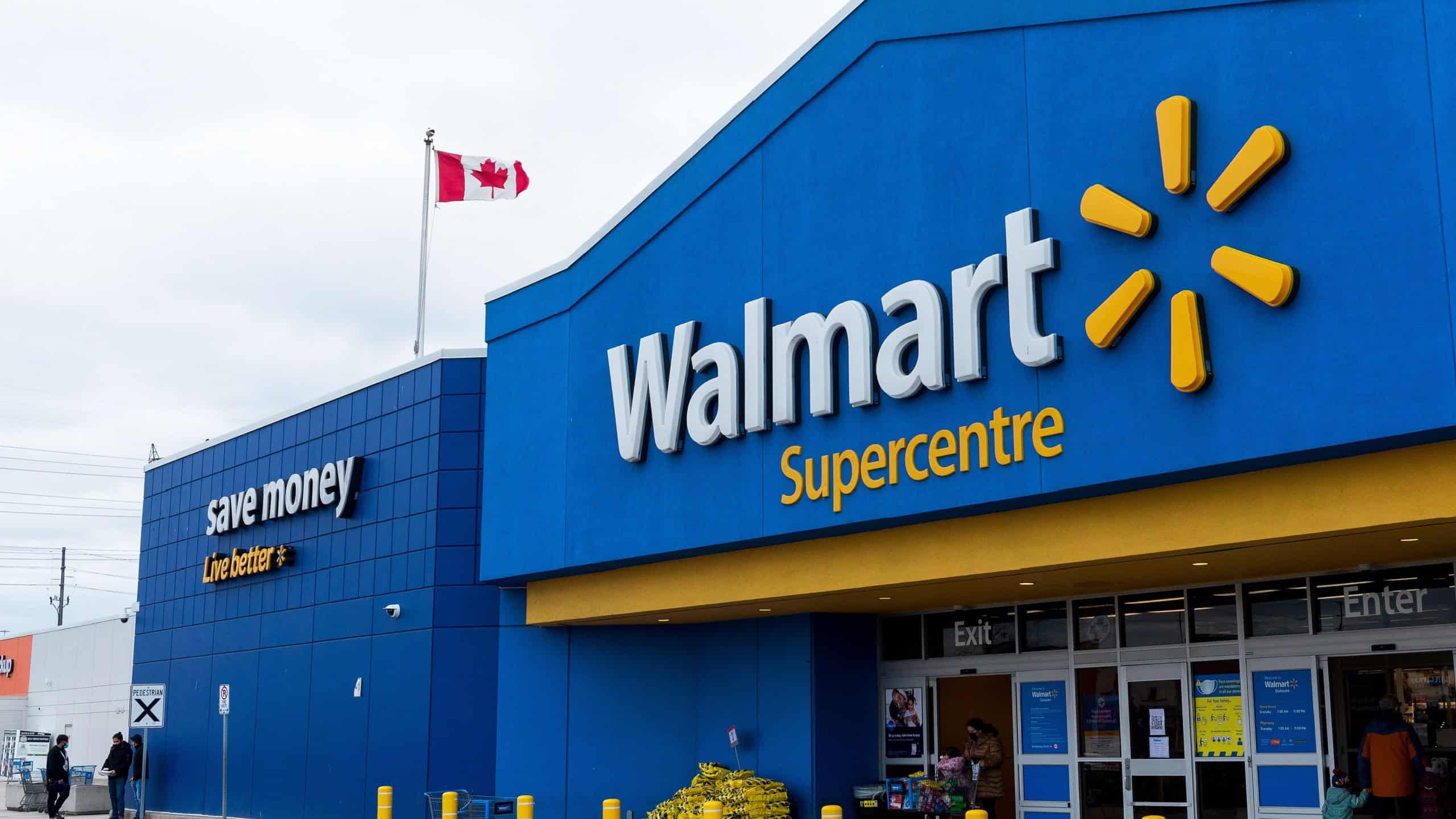 View at the logo front sign of the Walmart super store in America