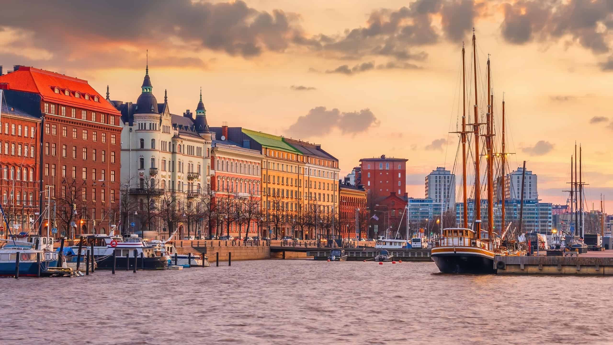 Helsinki city skyline, cityscape of Finland at sunset