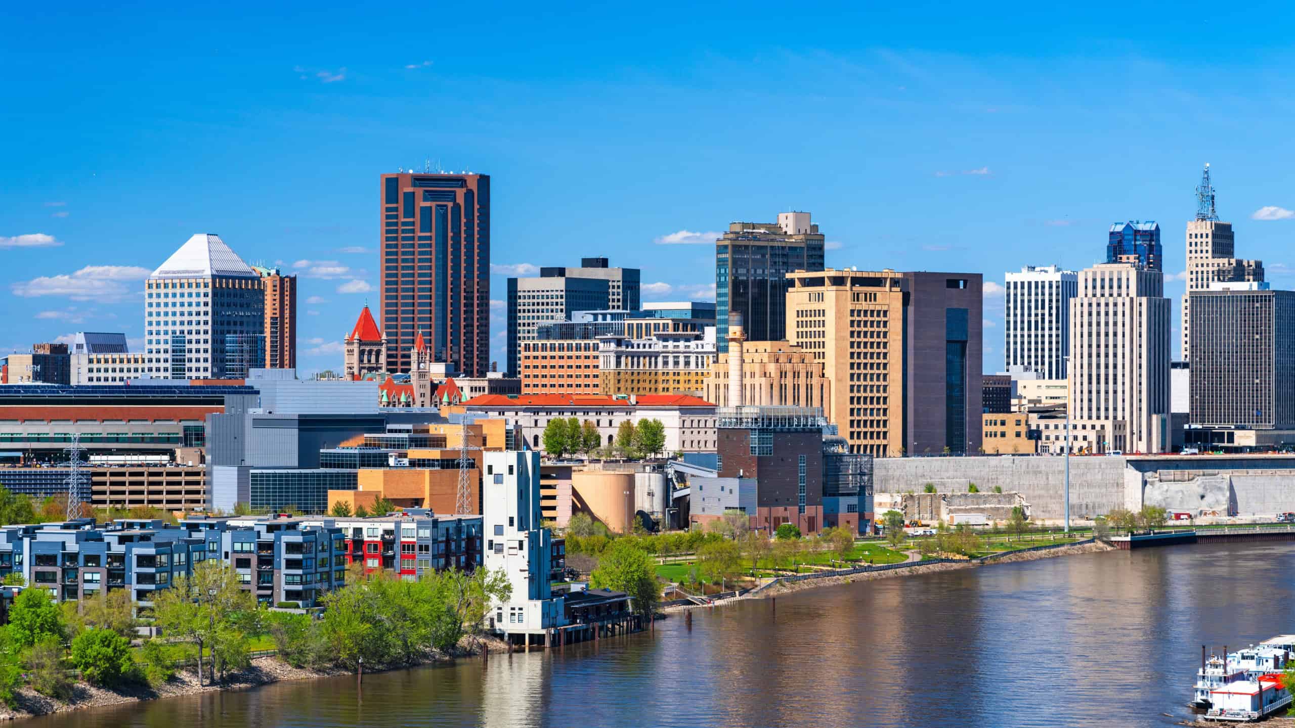 St. Paul, Minnesota, USA downtown skyline on the Mississippi River.