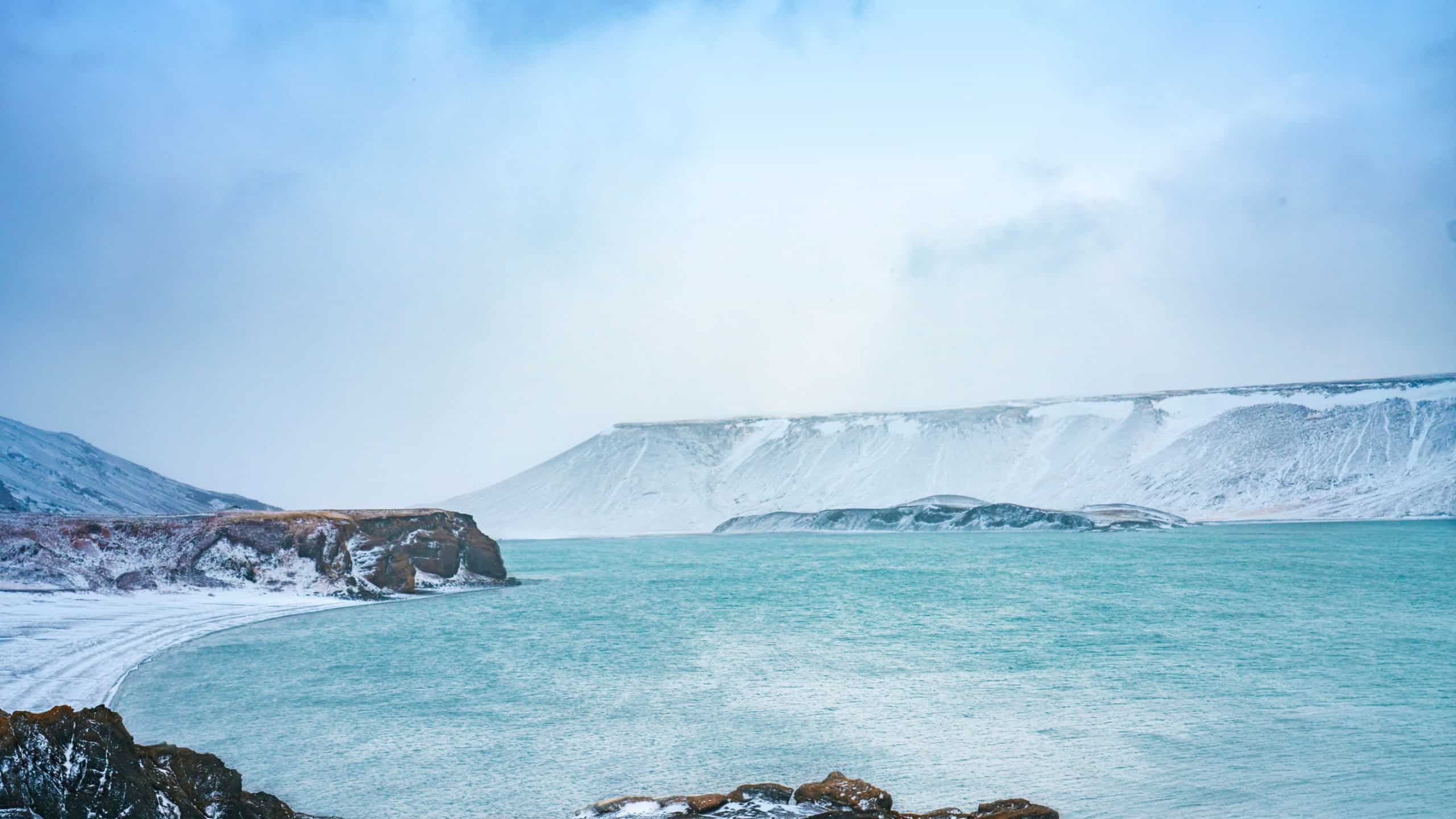 Photo of Iceland Kleifarvatn lake in winter snow. High quality photo