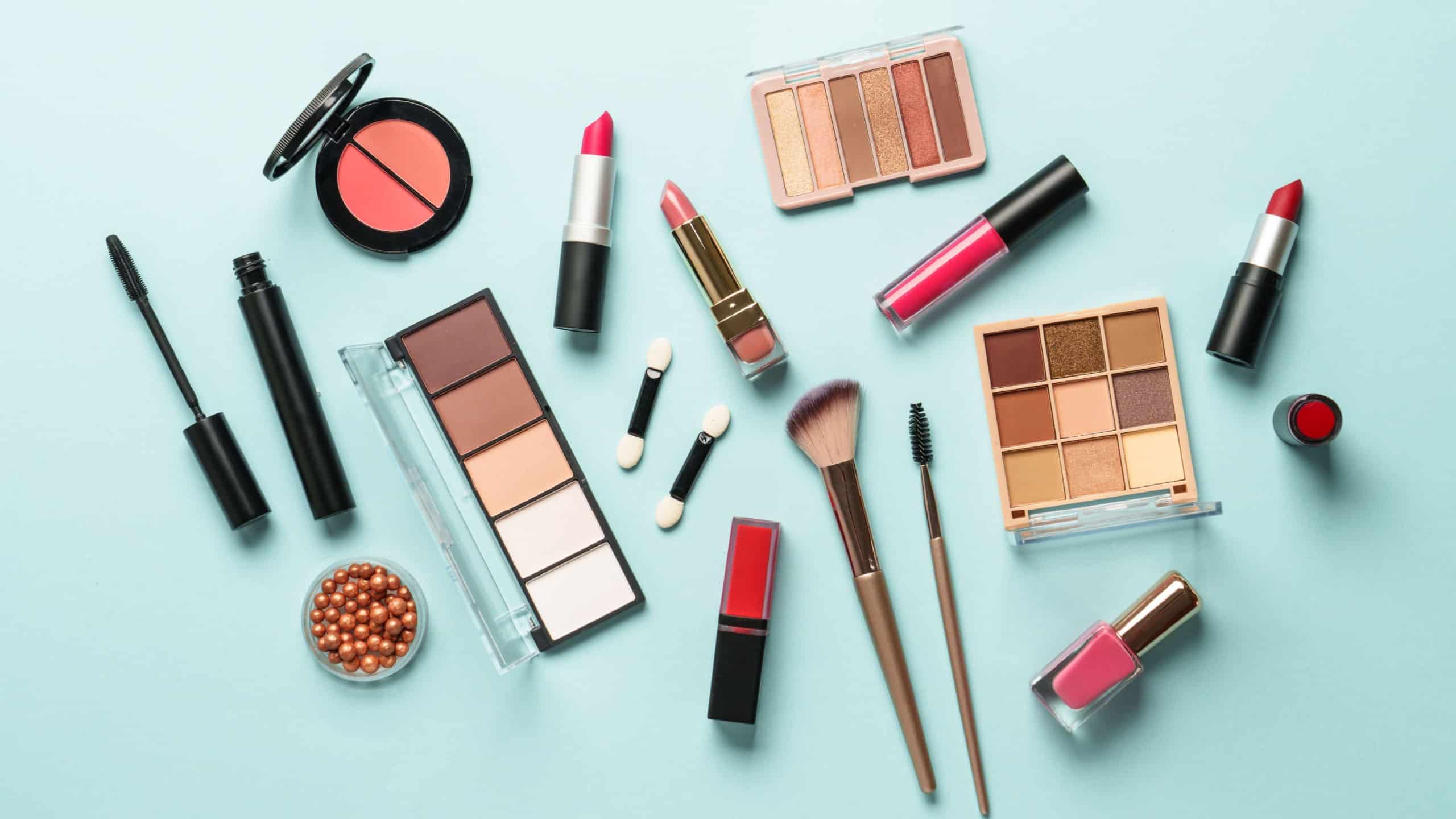 Beauty products on blue background.