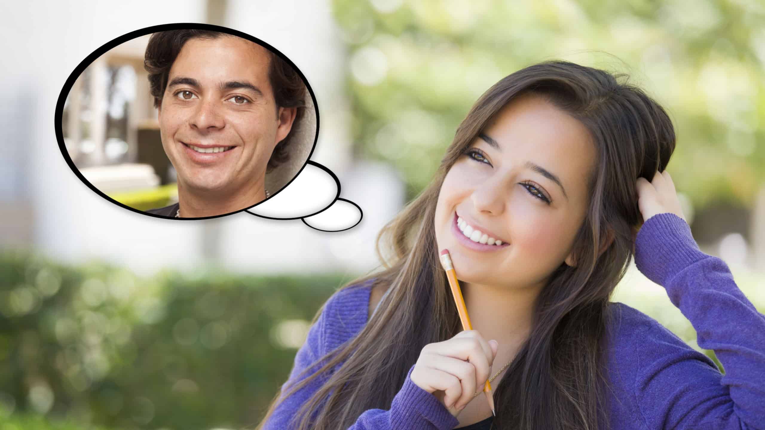 Pensive Woman with Handsome Young Man Inside Thought Bubble.
