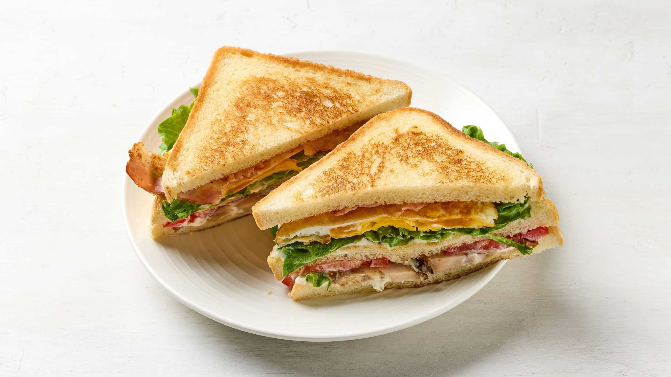 Club sandwich on plate on white table background