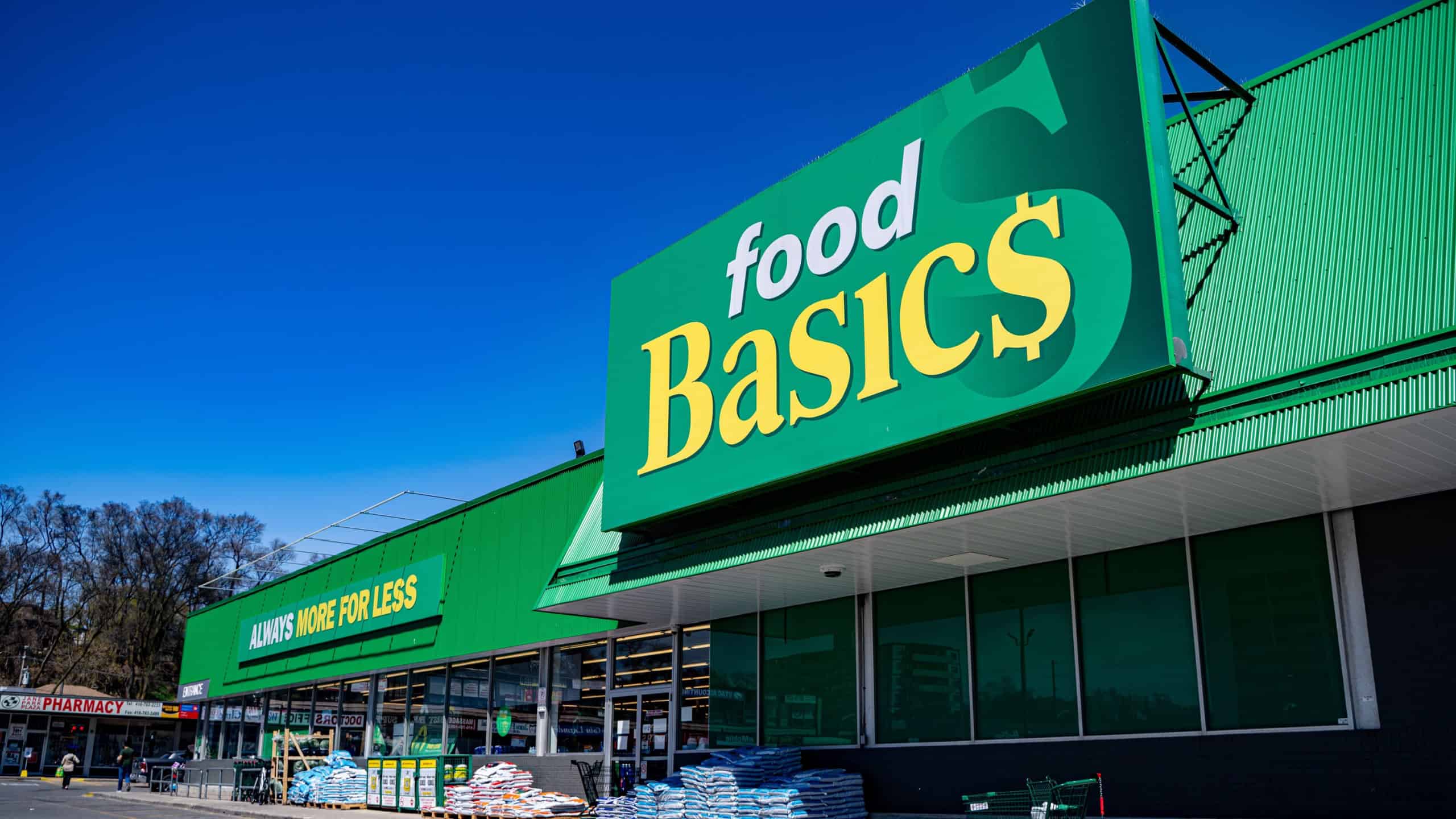 View of Food Basics supermarket exterior. Food Basics is a Canadian supermarket chain. Toronto, Canada - April 29, 2025.