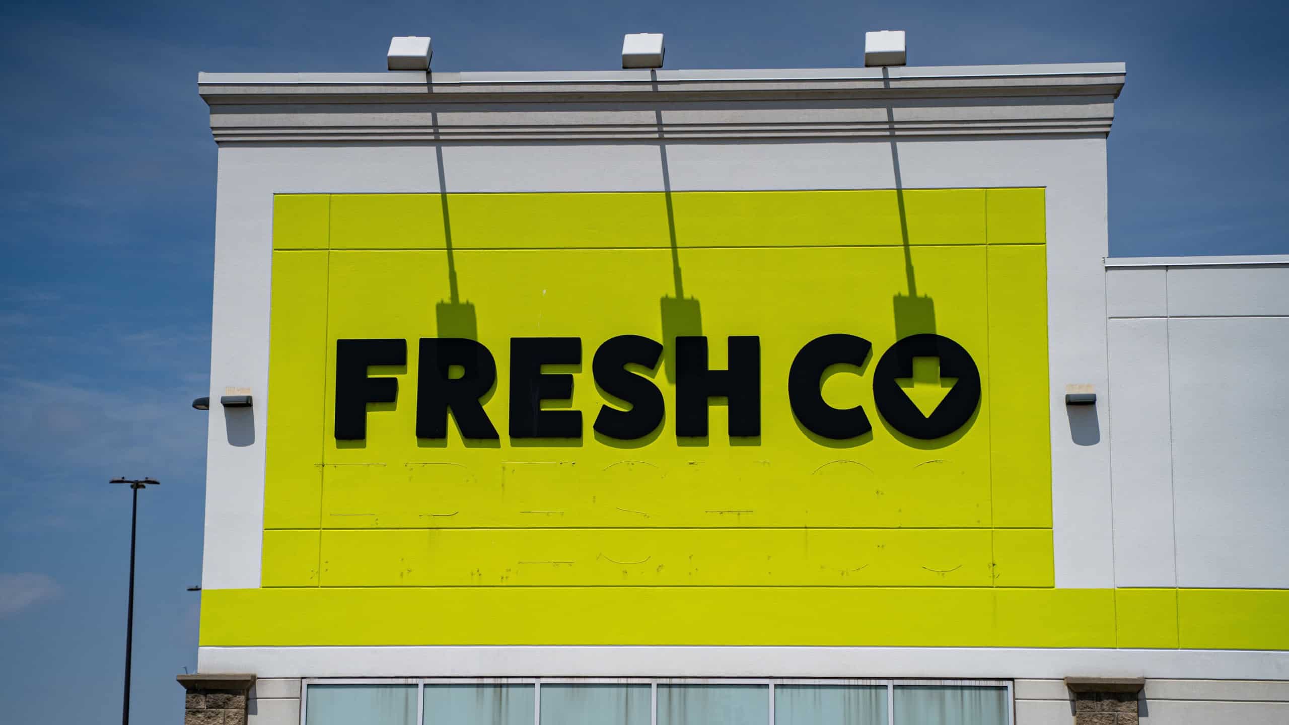 View of FreshCo storefront exterior in Brampton. Brampton, Canada - July 24, 2025.