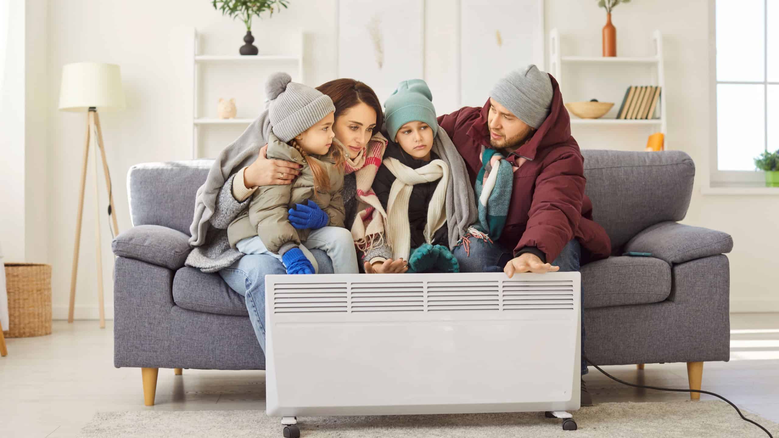Family freezing during very cold winter inside house with heating problems. Mom, dad and children in coats, jackets, hats and gloves sitting on couch at home trying to warm up by electric heater