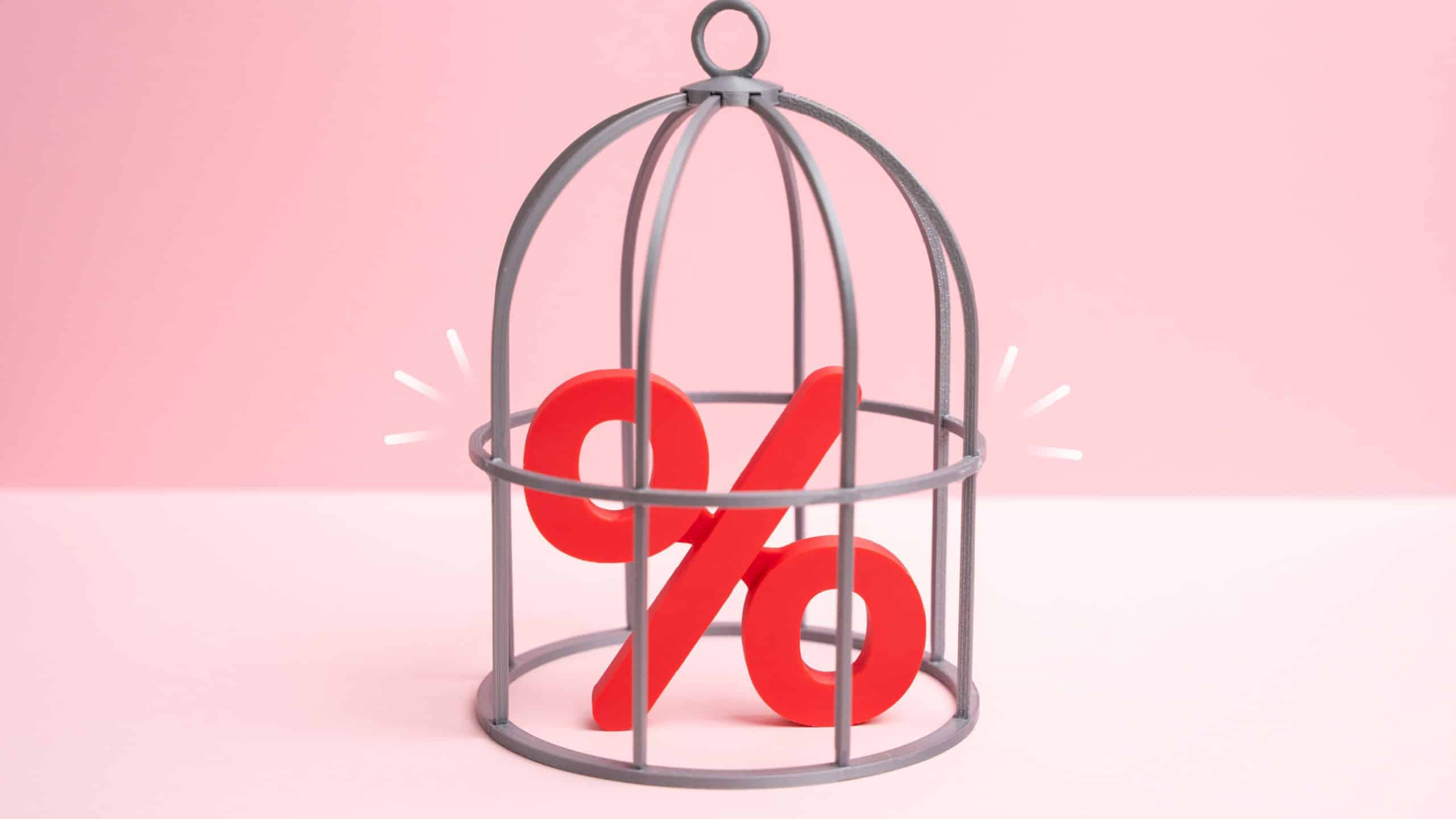 Red percentage symbol in a birdcage. Interest rate control. Financial restrictions and monetary policy oversight. Banking analytics, credit regulation and economy.