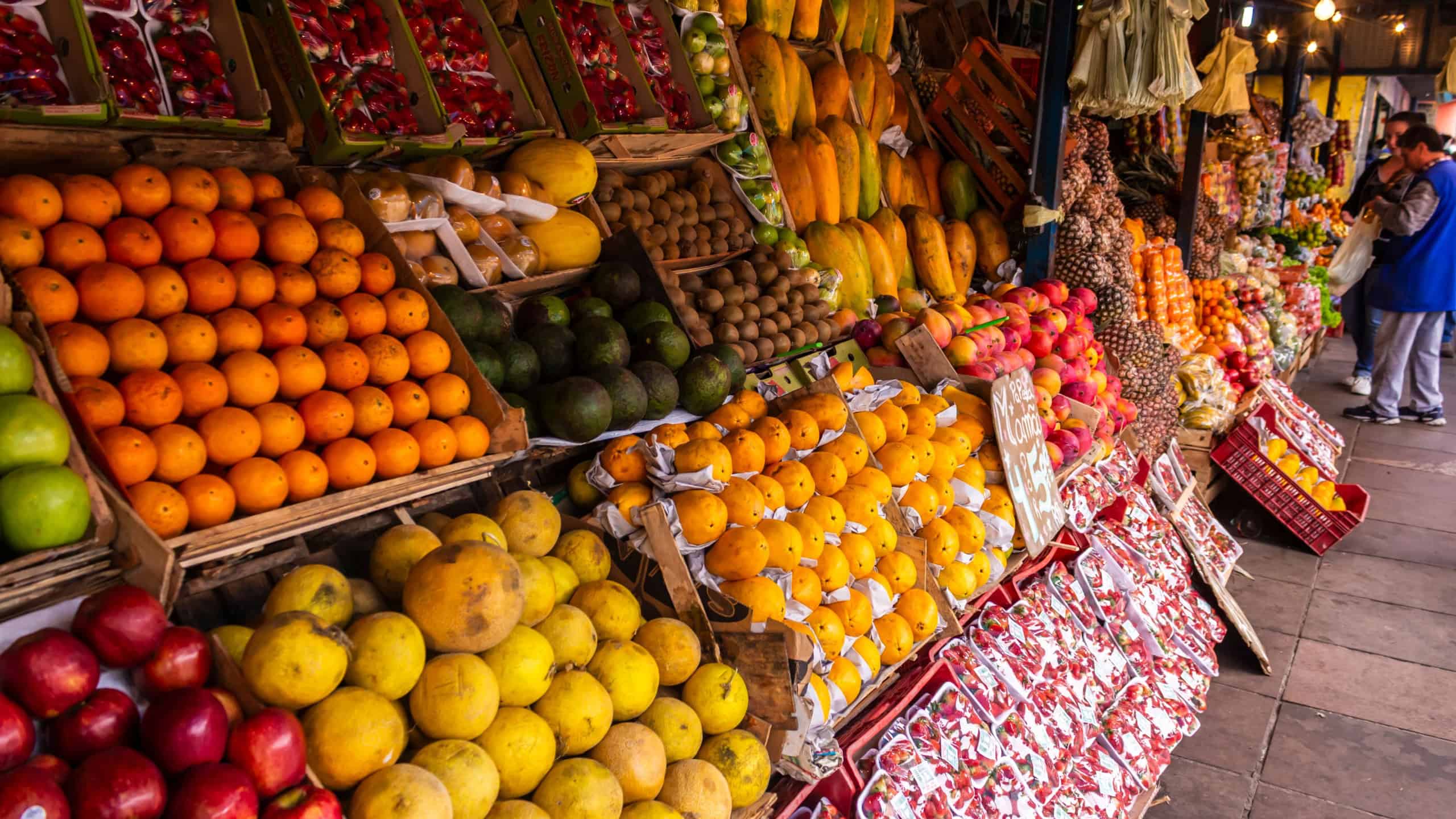 Porto Alegre, RS, Brazil, October 04, 2013. Vibrant stall at Hortomercado Parobe, a traditional public market in Porto Alegre city, overflowing with fresh, colorful fruits and vegetables.