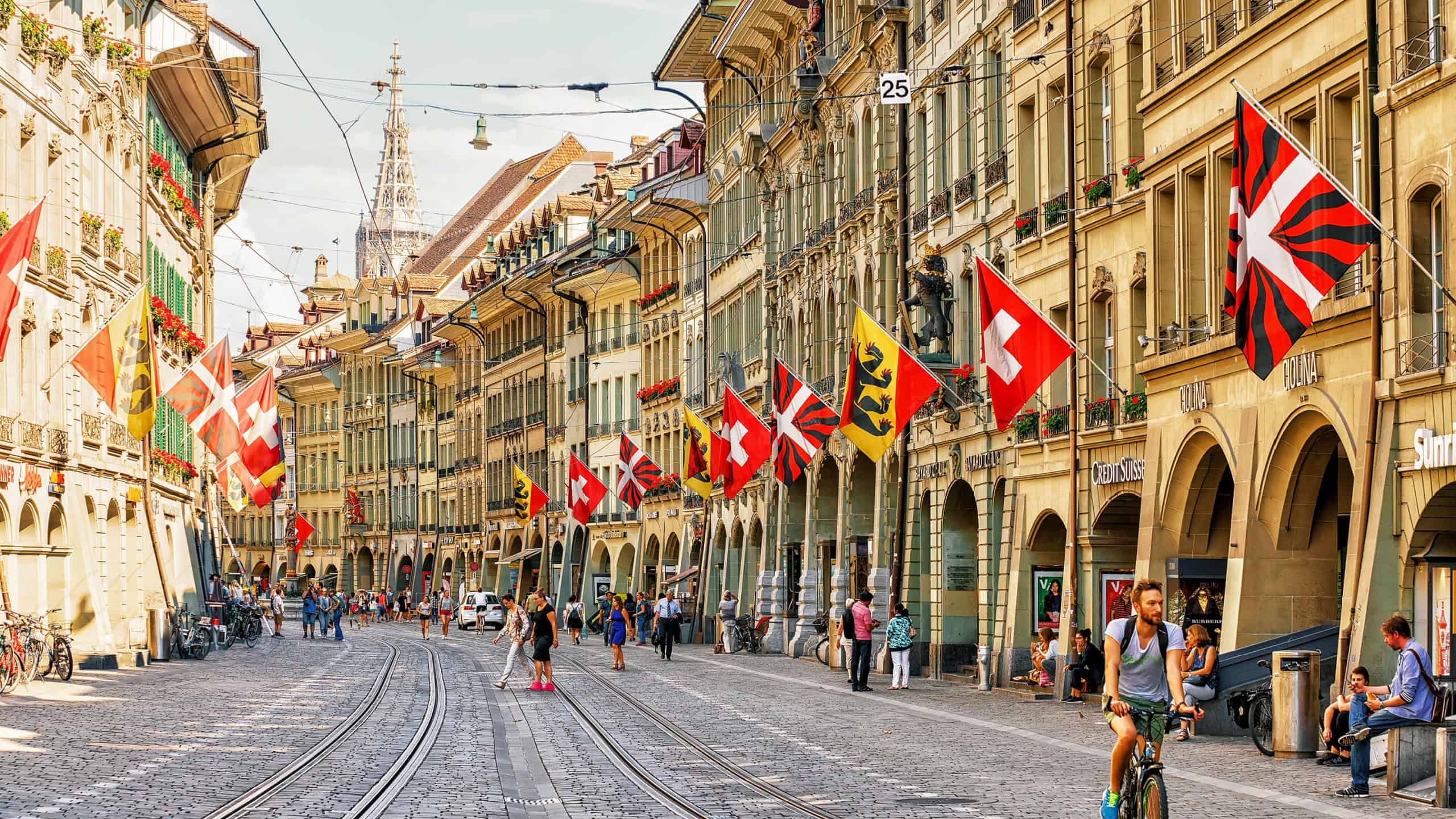 Bern, Switzerland - August 31, 2016: People at Marktgasse street in old city center of Bern, Bern-Mittelland, Switzerland