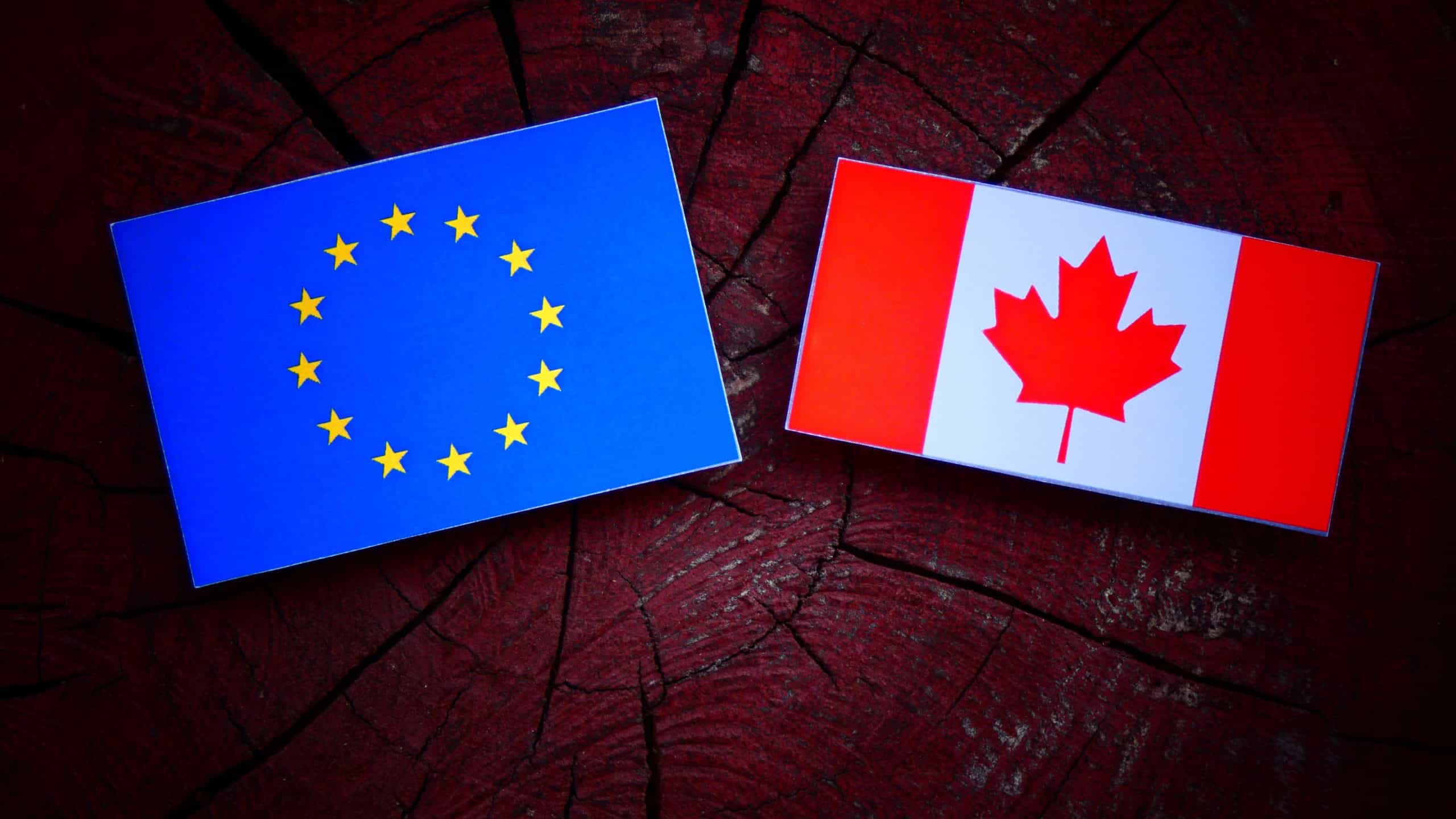 EU flag with Canadian flag on a tree stump isolated