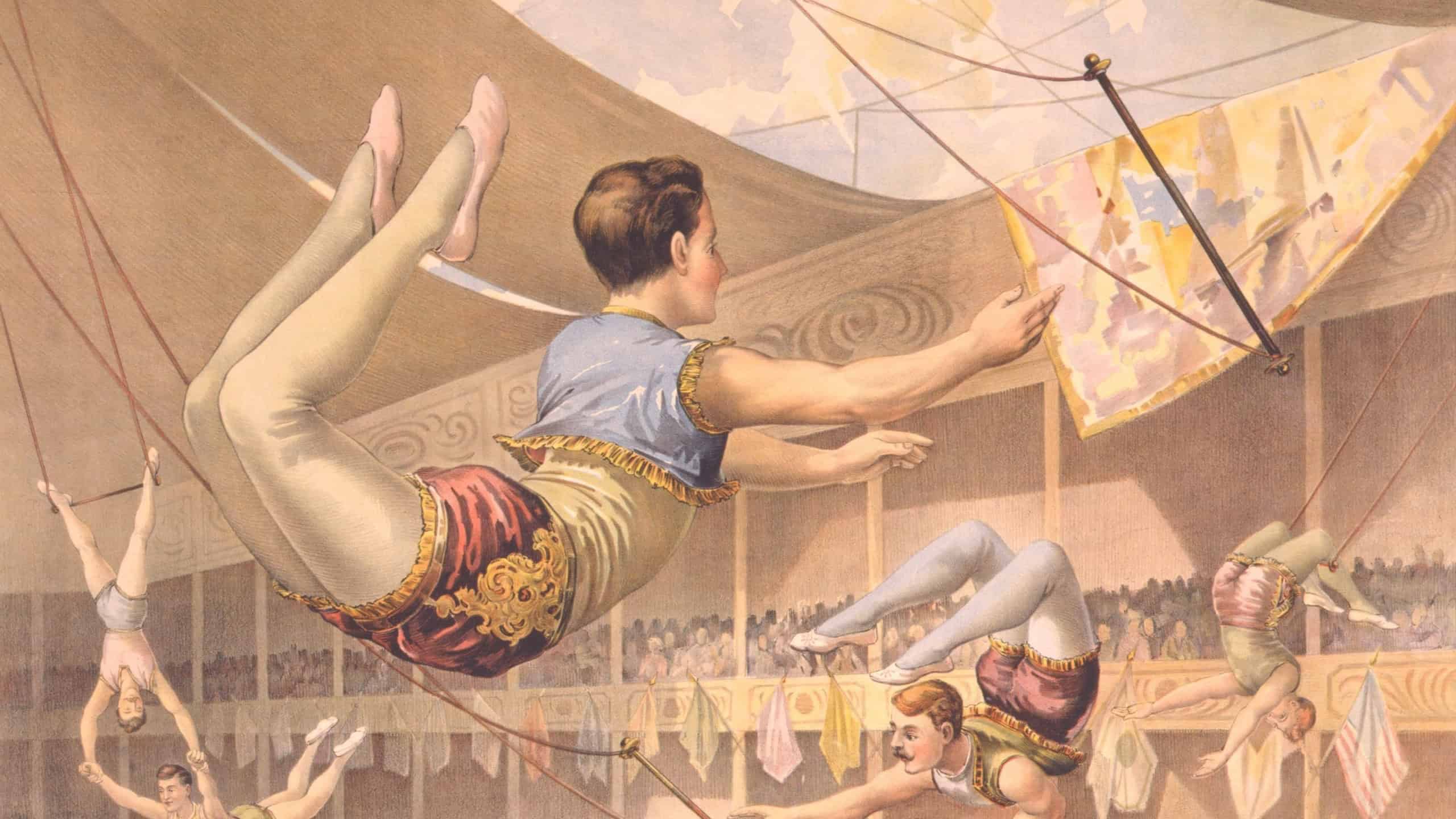 Five male trapeze artists performing high above the audience, in a large circus tent, 1890. The trapeze performance was developed by Jules Leotard, a French acrobat and aerialist, in Toulouse in the m