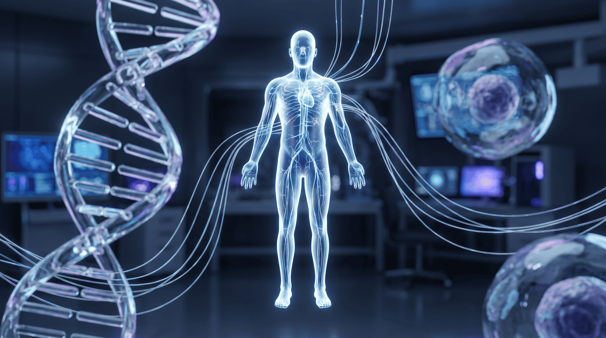 A semi-transparent human silhouette connected by neural-style data lines. Futuristic medical design, futuristic background with DNA stem cells in the back, cinematic lighting, ultra-realistic 3D render, modern health technology aesthetic, depth of field, minimalist composition. Style / tone: High-tech, scientific, premium, futuristic medical visualization