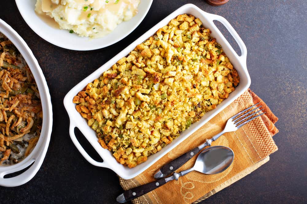 Traditional stuffing side dish for Thanksgiving in a baking pan